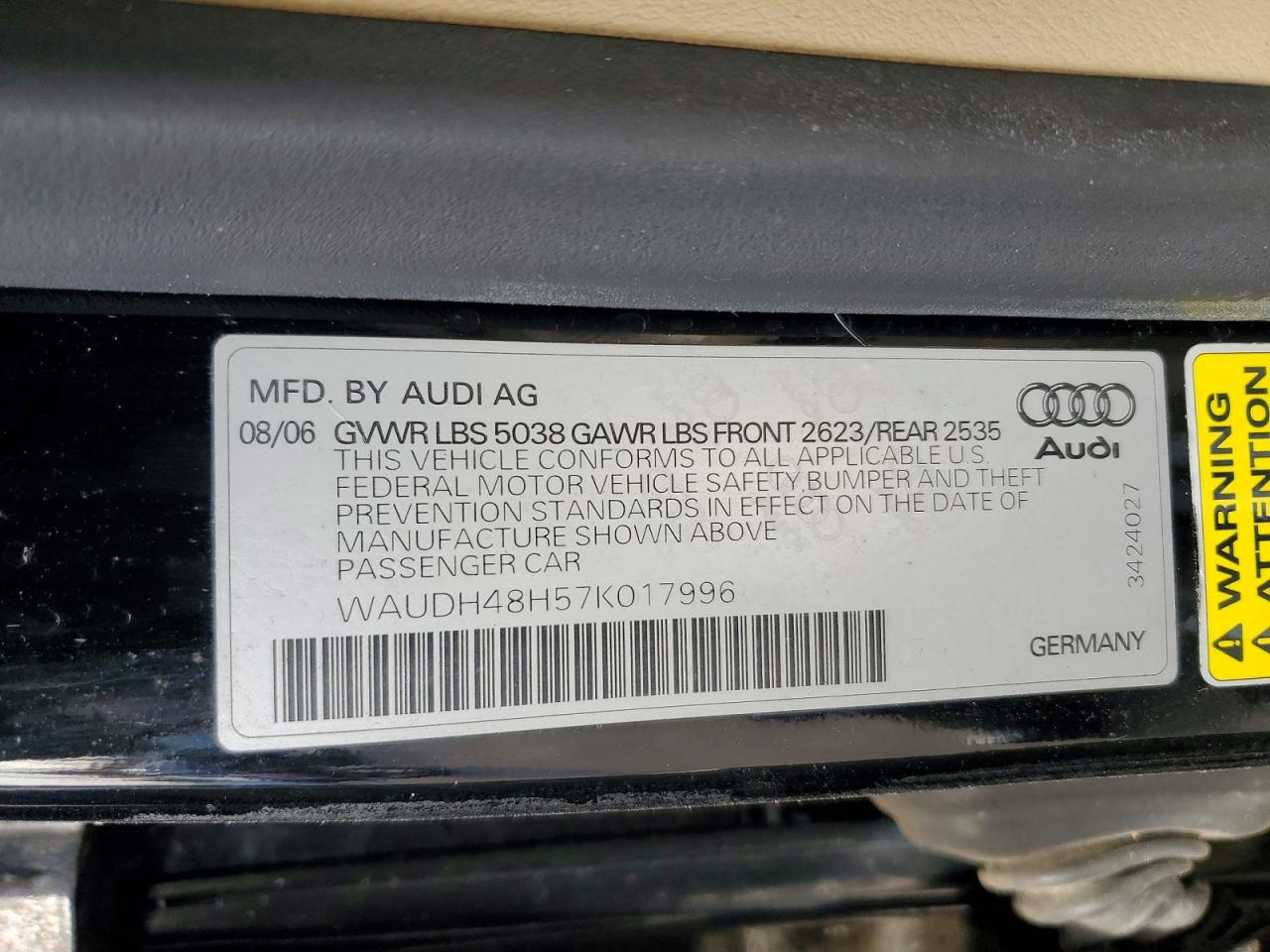 2007 Audi A4 3.2 Cabriolet Quattro Черный vin: WAUDH48H57K017996