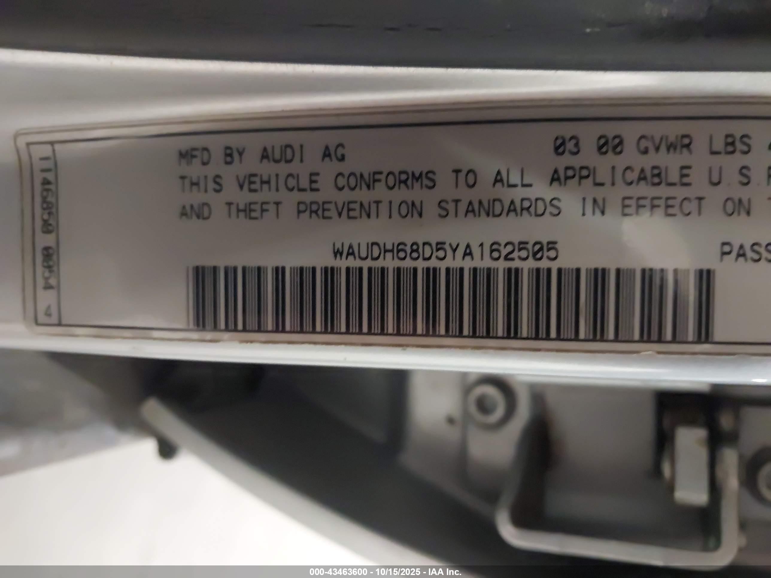 2000 Audi A4 2.8 Серебряный vin: WAUDH68D5YA162505
