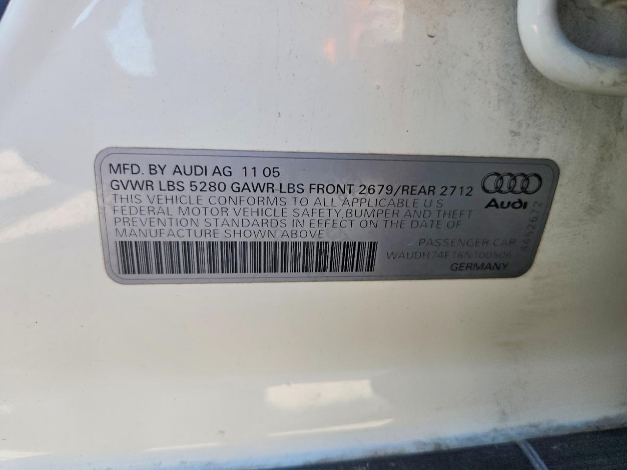 2006 Audi A6 3.2 Quattro Белый vin: WAUDH74F16N100506