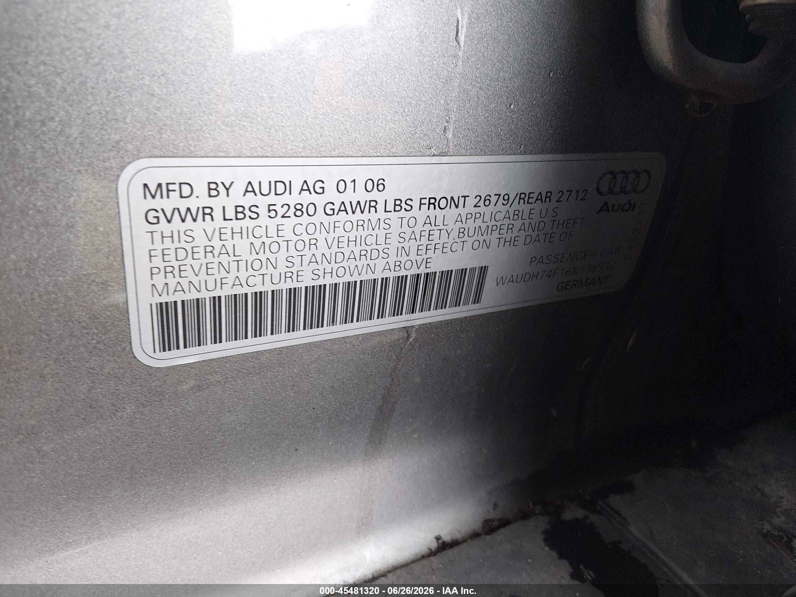 2006 Audi A6 3.2 Silver vin: WAUDH74F16N138933