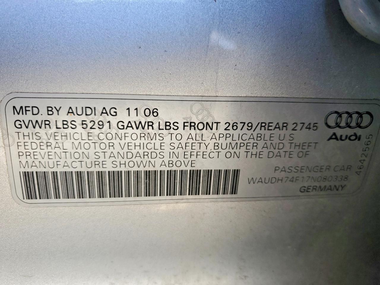 2007 Audi A6 3.2 Quattro Серебряный vin: WAUDH74F17N080338