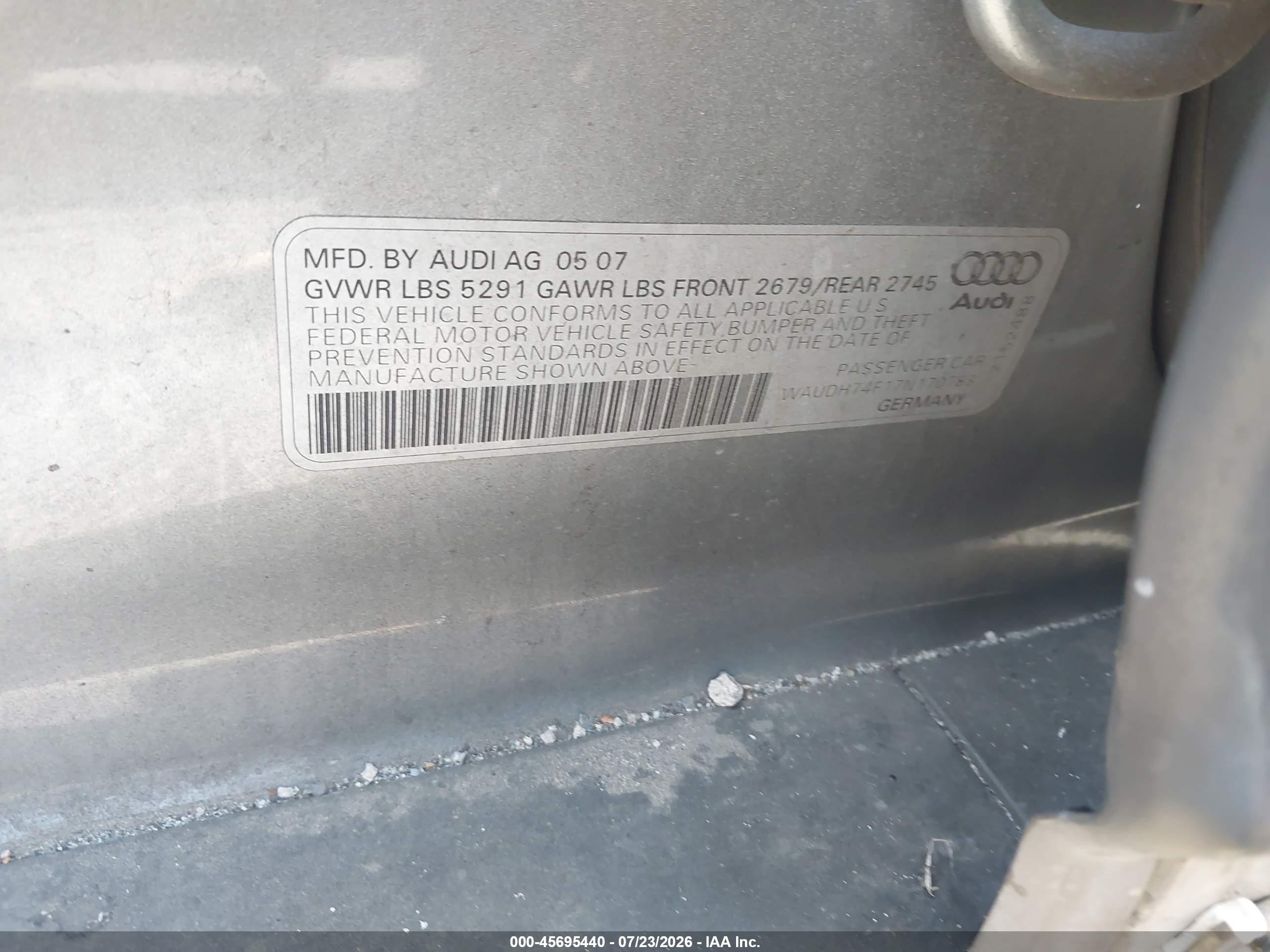 2007 Audi A6 3.2 Silver vin: WAUDH74F17N170783