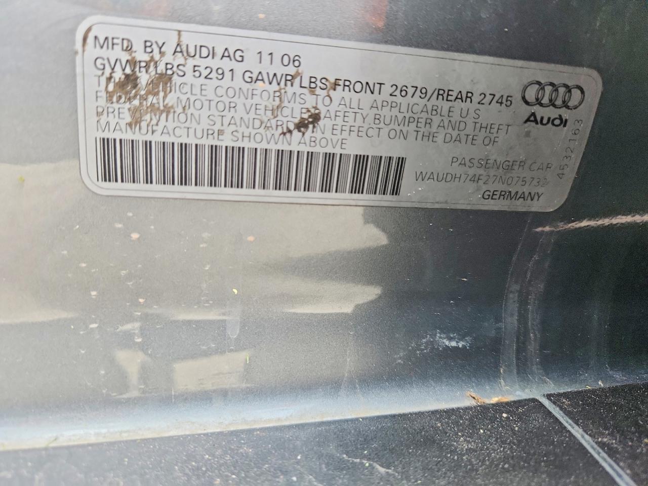 2007 Audi A6 3.2 Quattro Серый vin: WAUDH74F27N075732