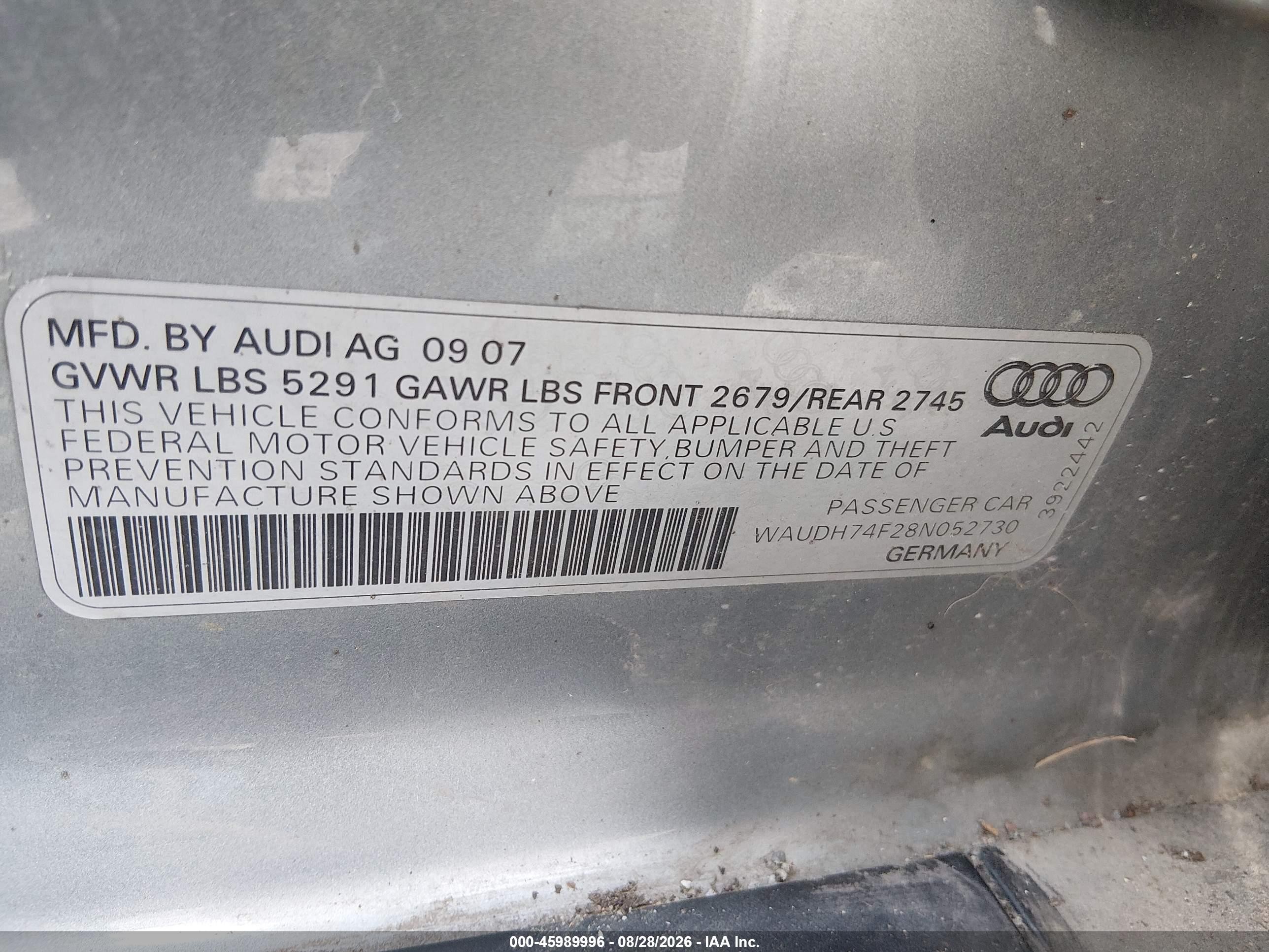 2008 Audi A6 3.2 Gray vin: WAUDH74F28N052730