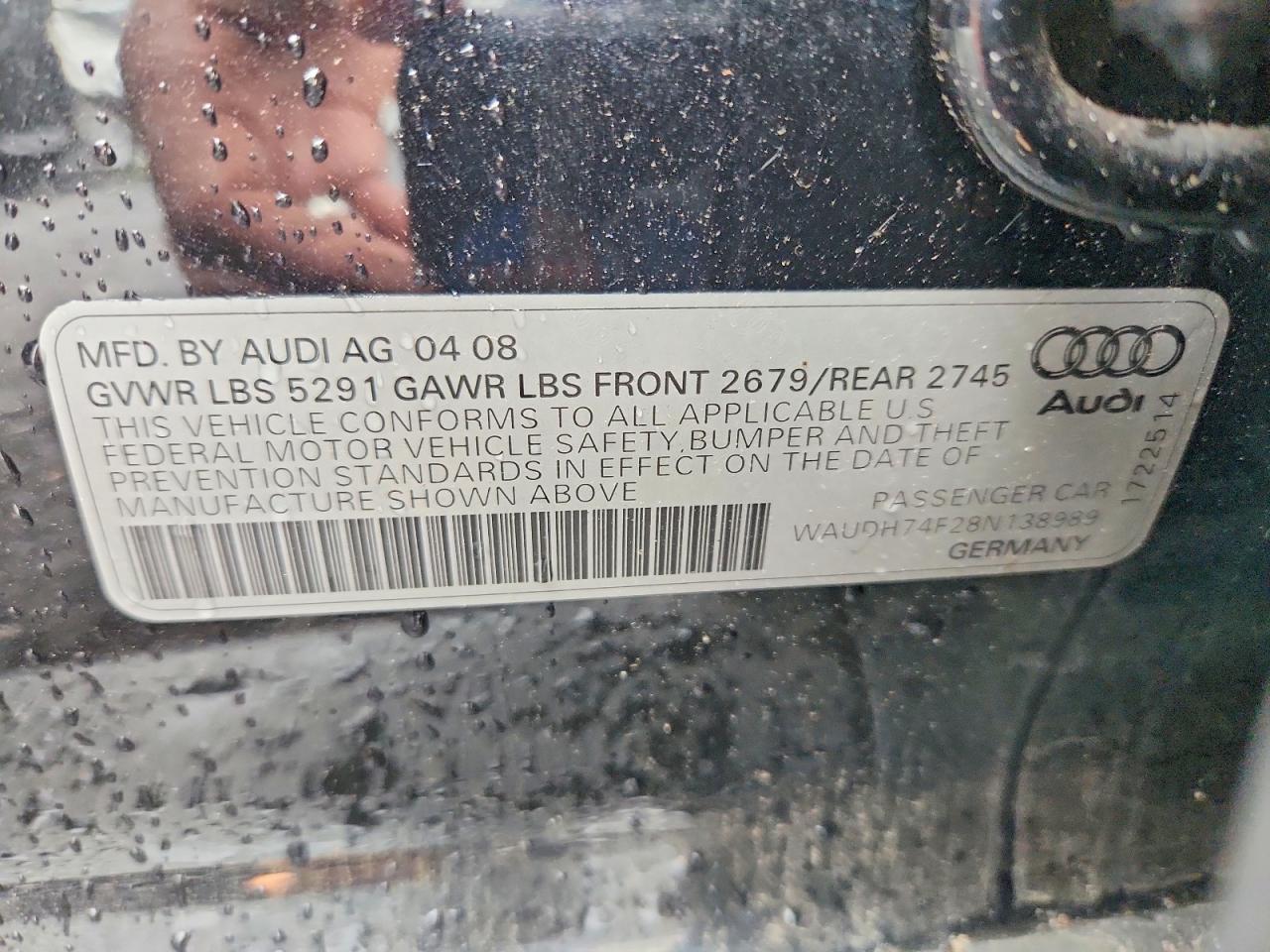 2008 Audi A6 3.2 Quattro Черный vin: WAUDH74F28N138989