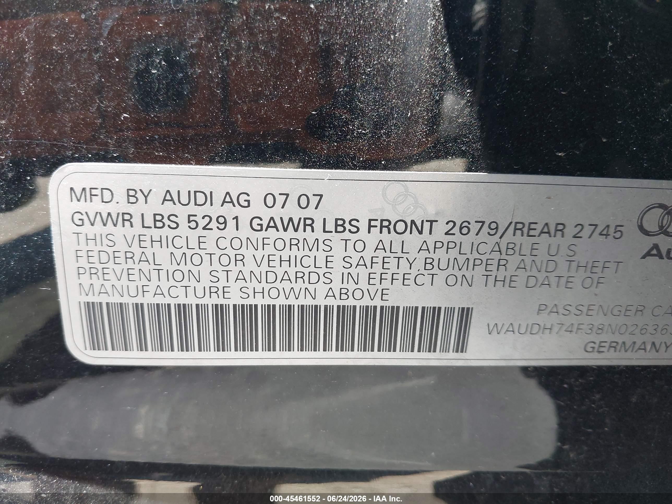 2008 Audi A6 3.2 Black vin: WAUDH74F38N026363