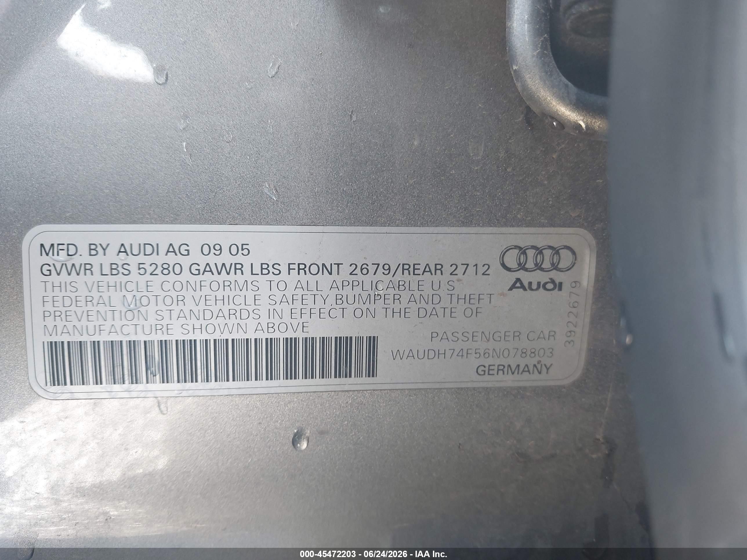 2006 Audi A6 3.2 Silver vin: WAUDH74F56N078803