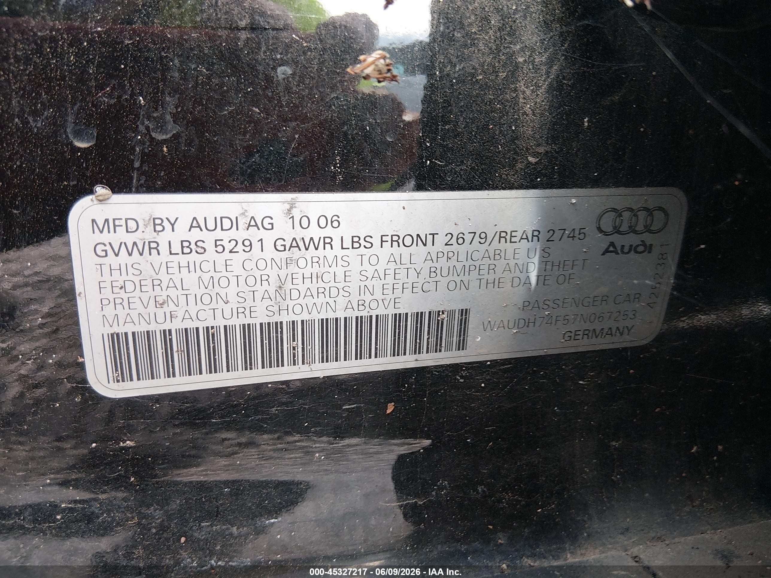 2007 Audi A6 3.2 Black vin: WAUDH74F57N067253