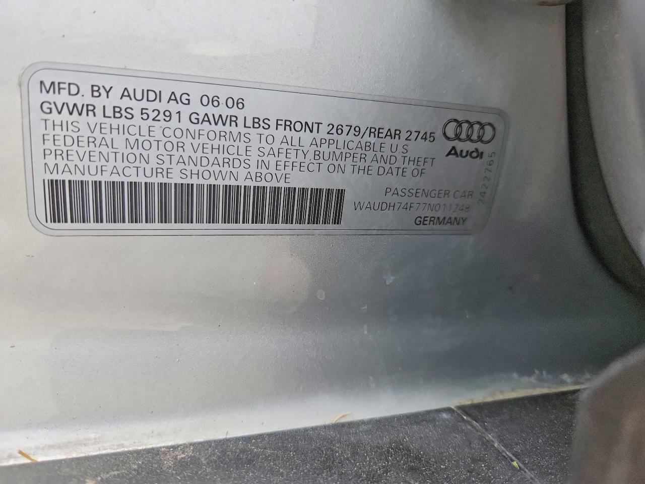 2007 Audi A6 3.2 Quattro Silver vin: WAUDH74F77N011248