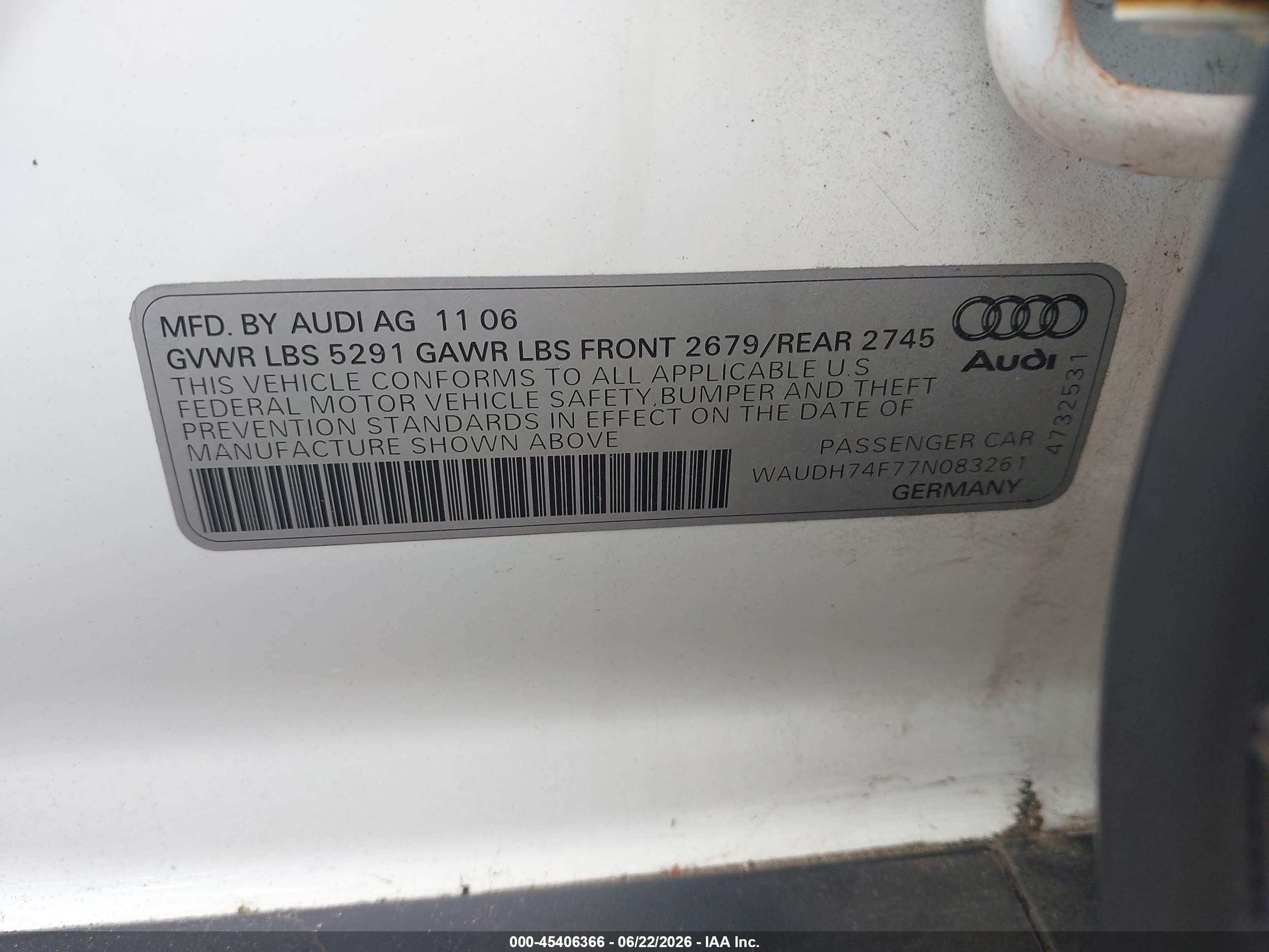 2007 Audi A6 3.2 Белый vin: WAUDH74F77N083261
