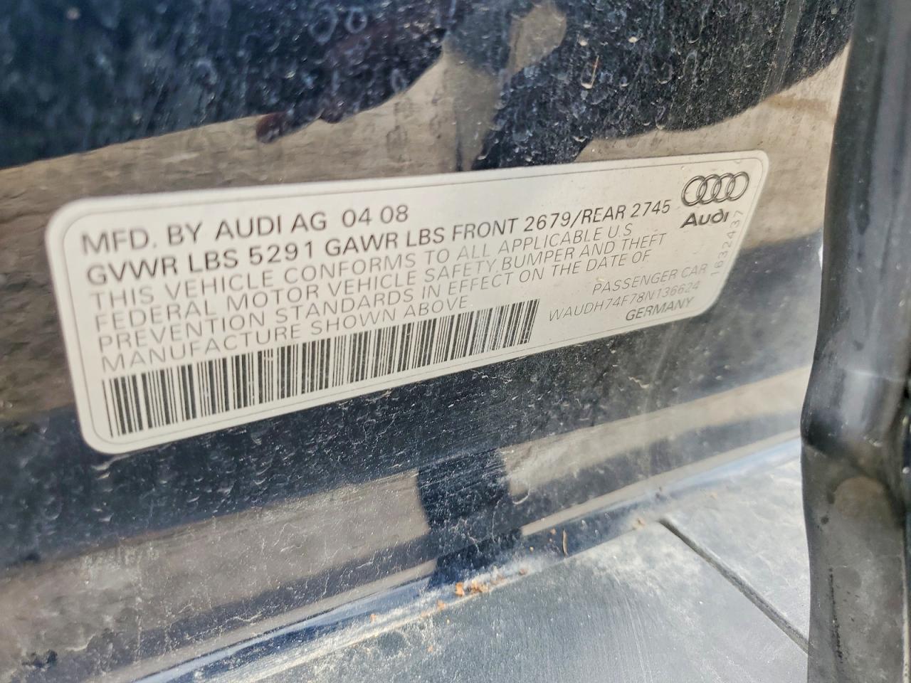 2008 Audi A6 Quattro Black vin: WAUDH74F78N136624