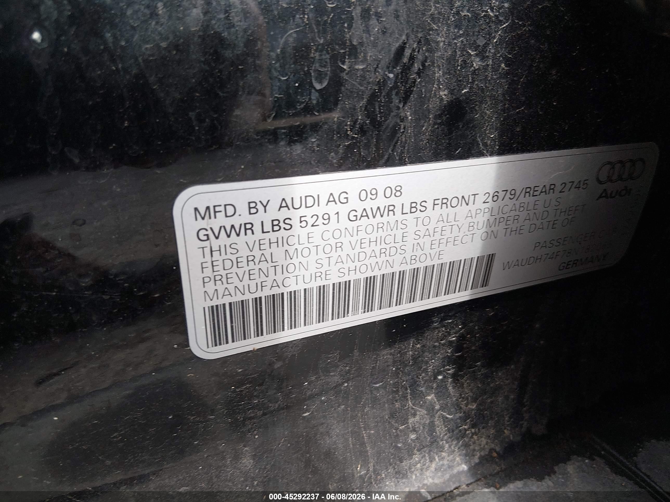 2008 Audi A6 3.2 Black vin: WAUDH74F78N182065