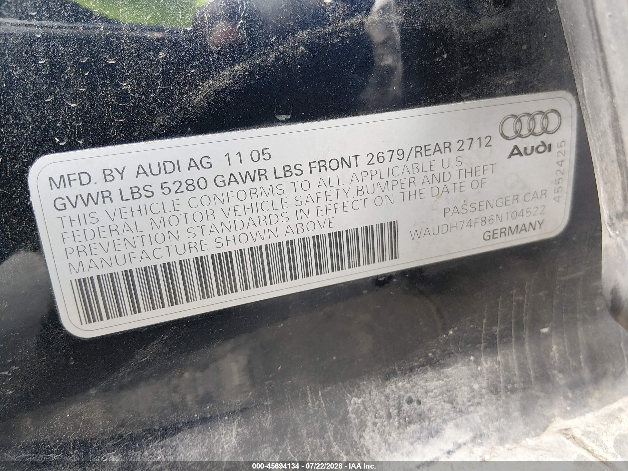 2006 Audi A6 3.2 Dark Blue vin: WAUDH74F86N104522