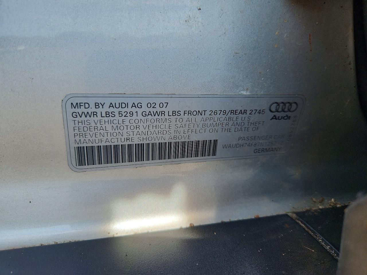 2007 Audi A6 3.2 Quattro Silver vin: WAUDH74F87N125212