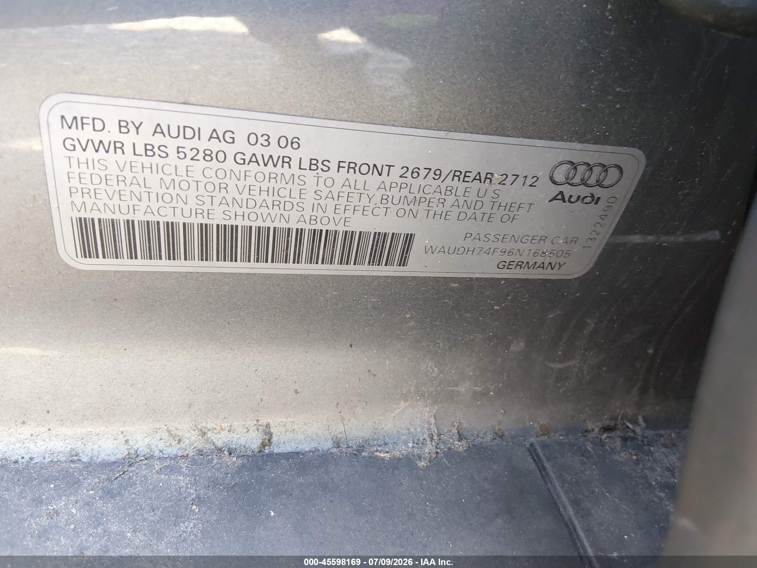 2006 Audi A6 3.2 Silver vin: WAUDH74F96N168505