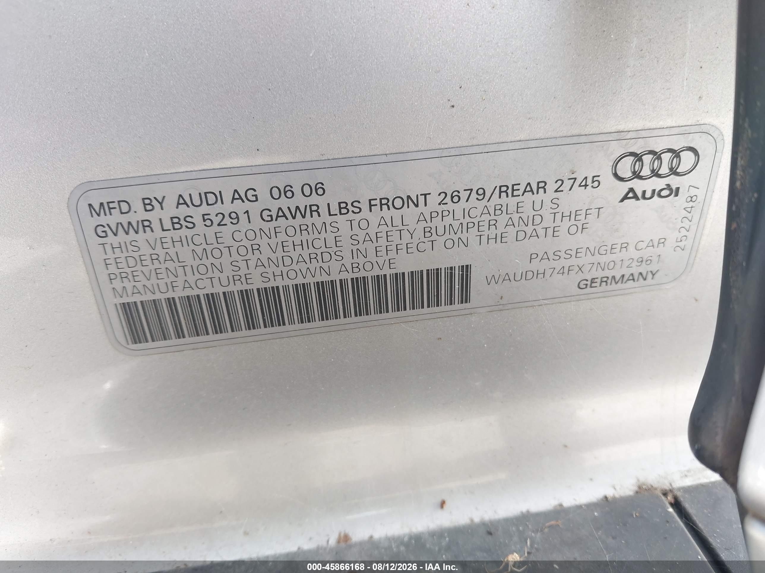 2007 Audi A6 3.2 Silver vin: WAUDH74FX7N012961
