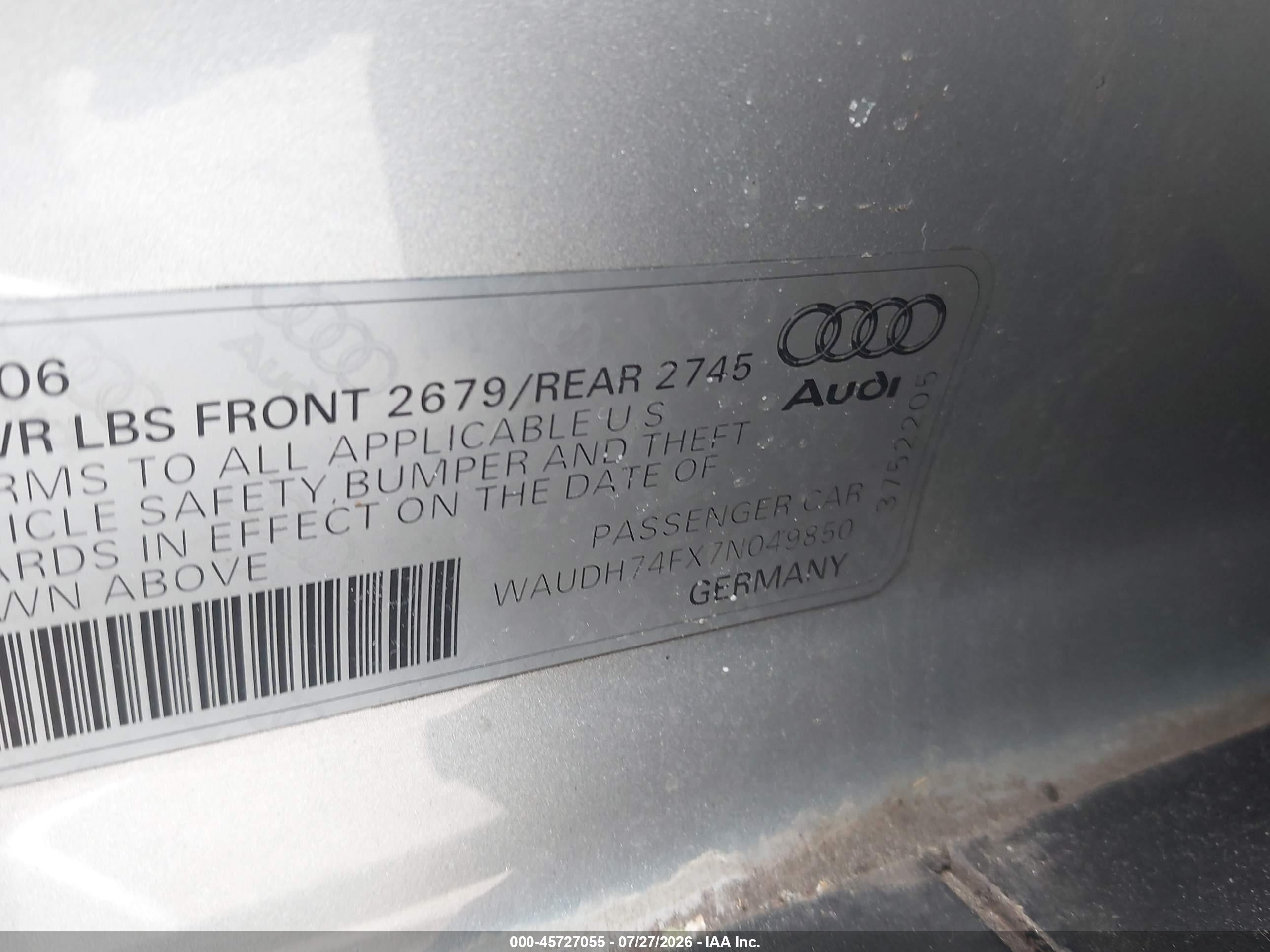2007 Audi A6 3.2 Silver vin: WAUDH74FX7N049850