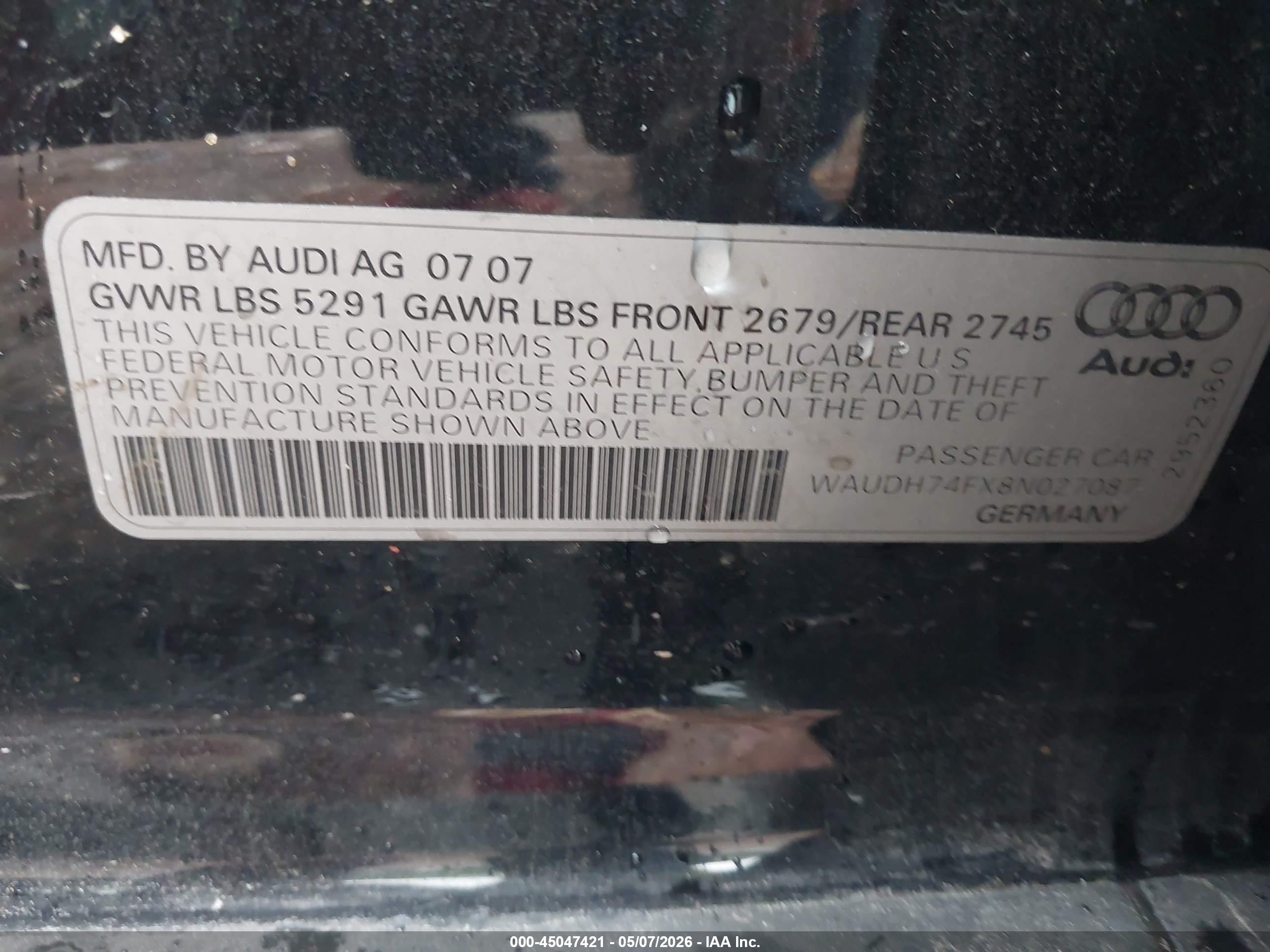 2008 Audi A6 3.2 Black vin: WAUDH74FX8N027087