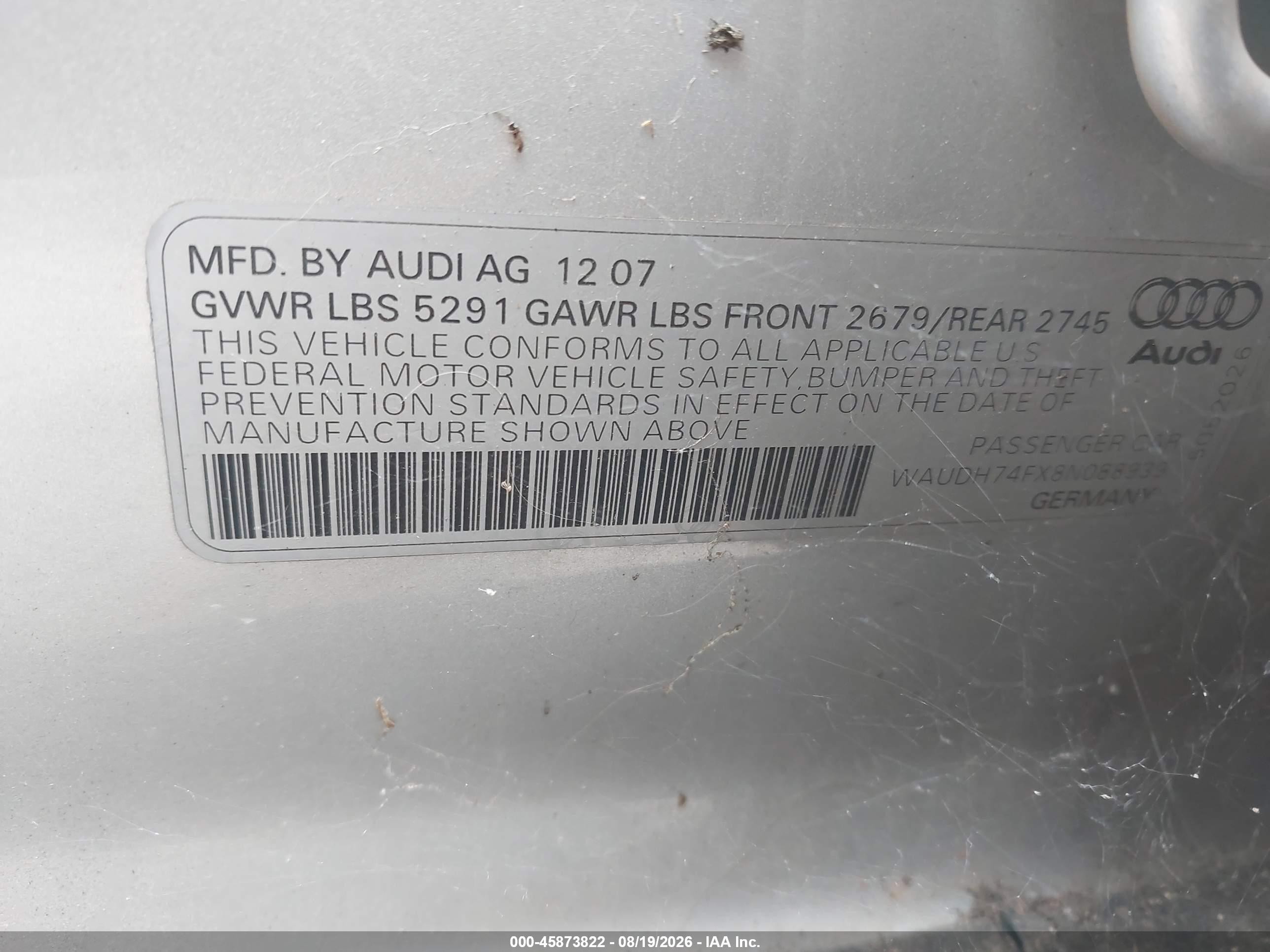 2008 Audi A6 3.2 Silver vin: WAUDH74FX8N088939