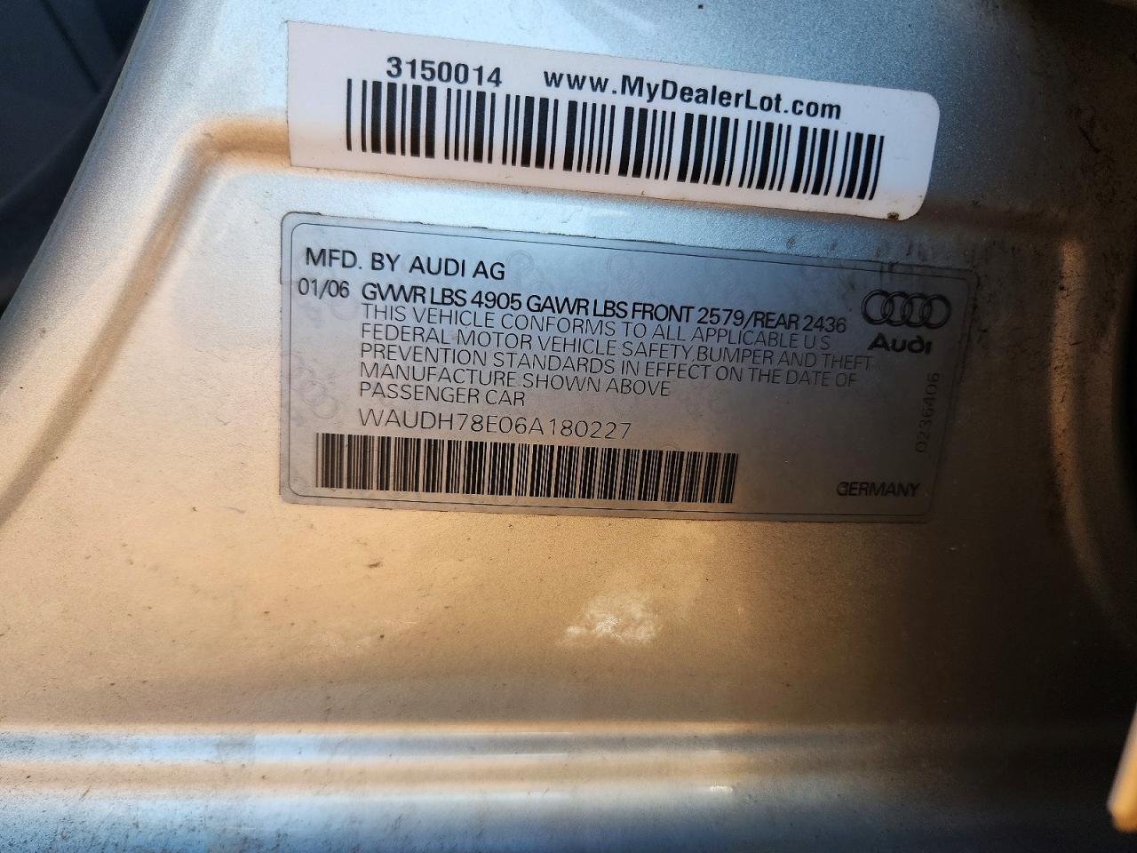 2006 Audi A4 3.2 Quattro Silver vin: WAUDH78E06A180227