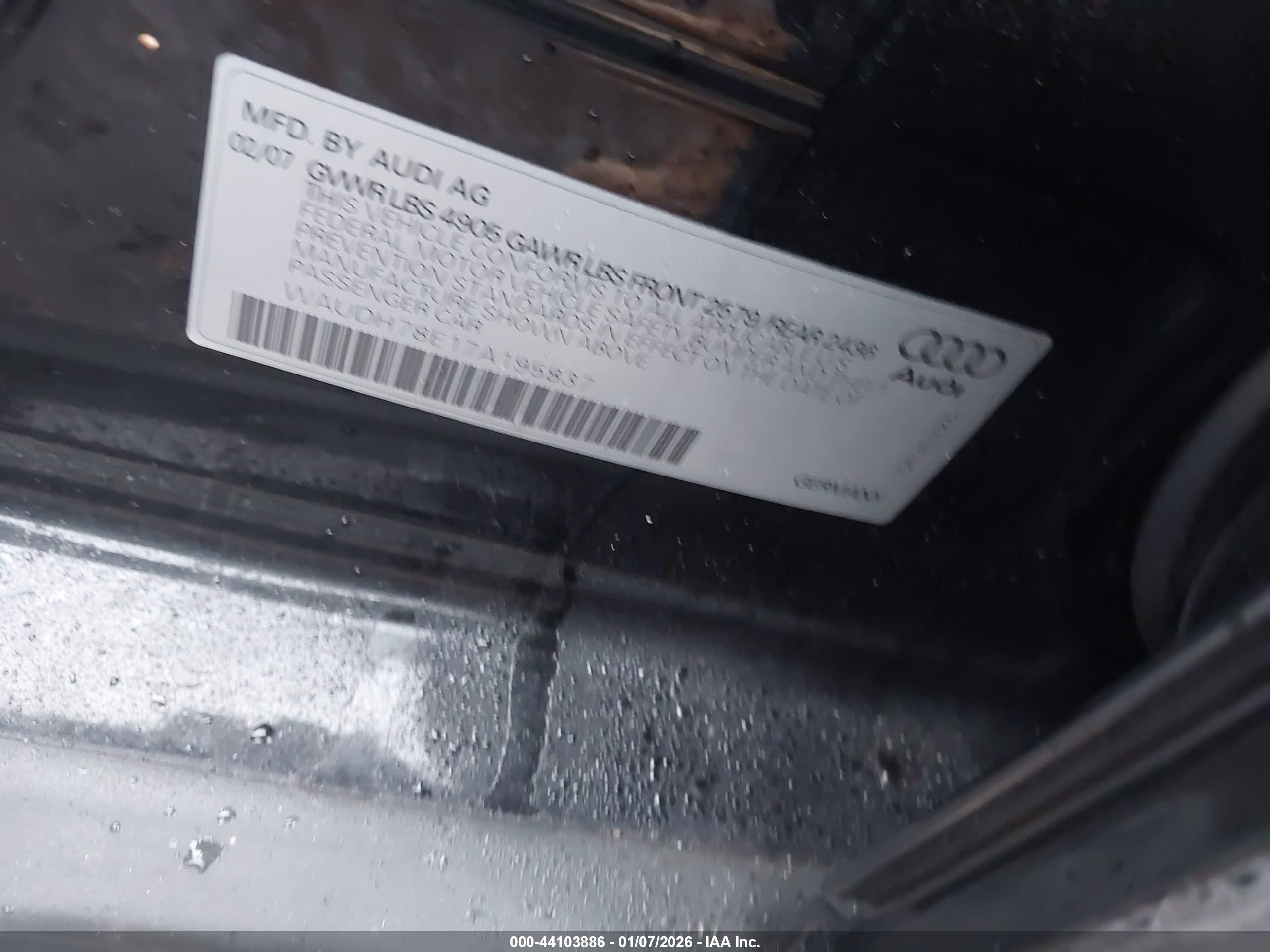 2007 Audi A4 3.2 Black vin: WAUDH78E17A195837