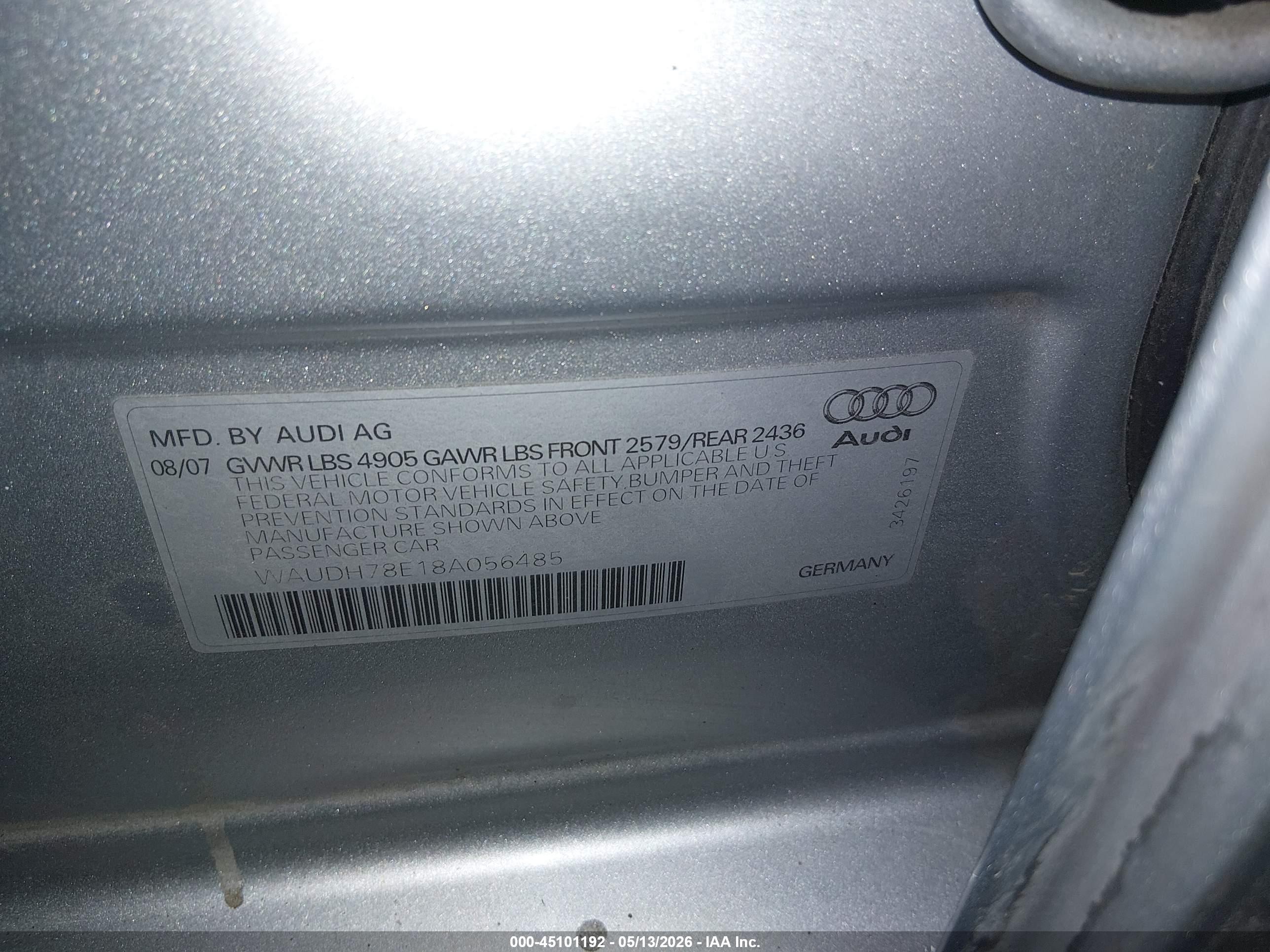 2008 Audi A4 3.2 Silver vin: WAUDH78E18A056485