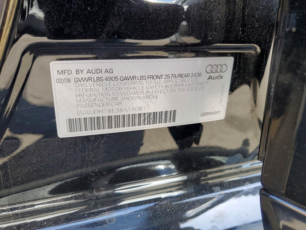 2008 Audi A4 3.2 Quattro Black vin: WAUDH78E38A140811