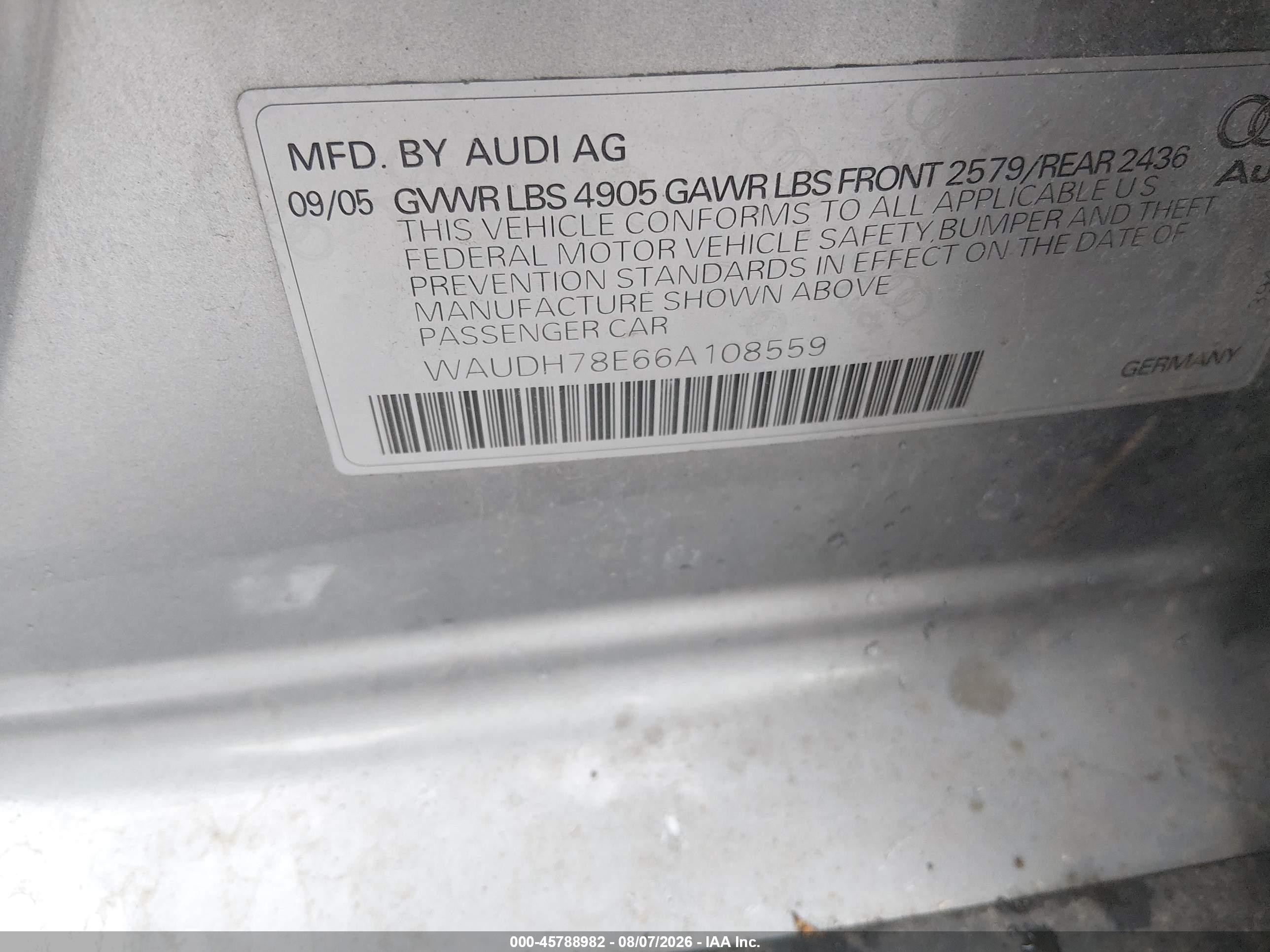 2006 Audi A4 3.2 Silver vin: WAUDH78E66A108559