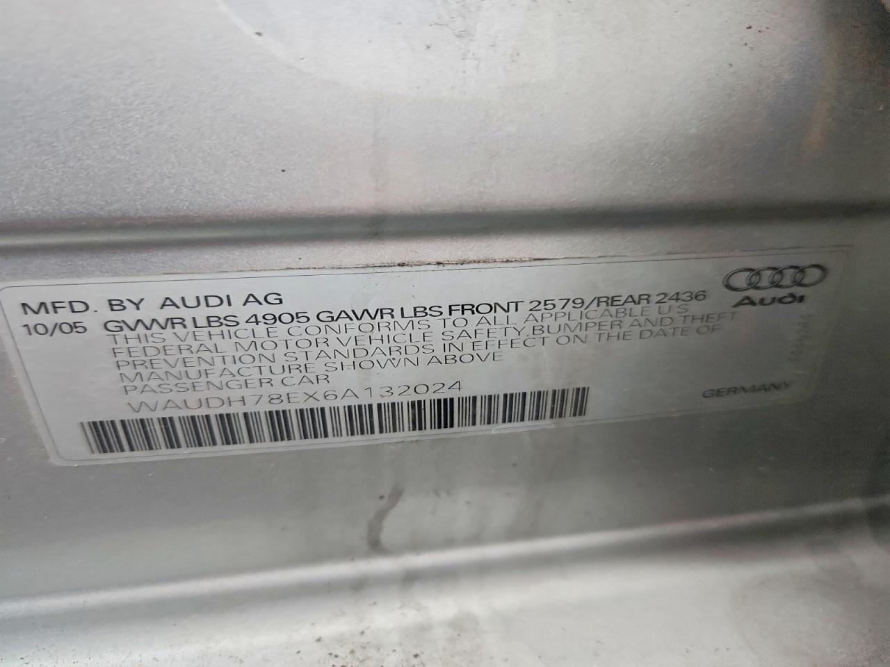 2006 Audi A4 3.2 Quattro Silver vin: WAUDH78EX6A132024