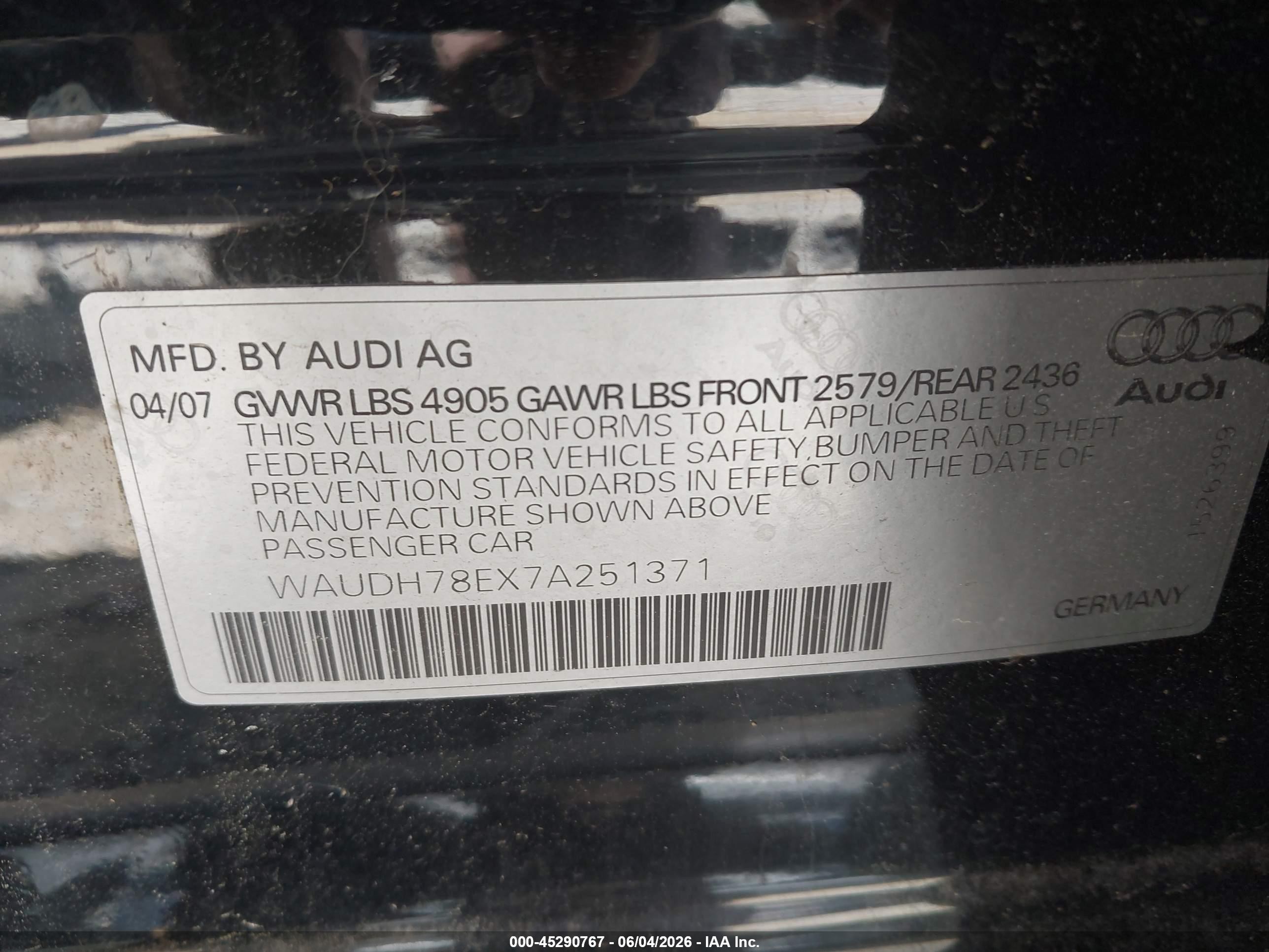 2007 Audi A4 3.2 Черный vin: WAUDH78EX7A251371