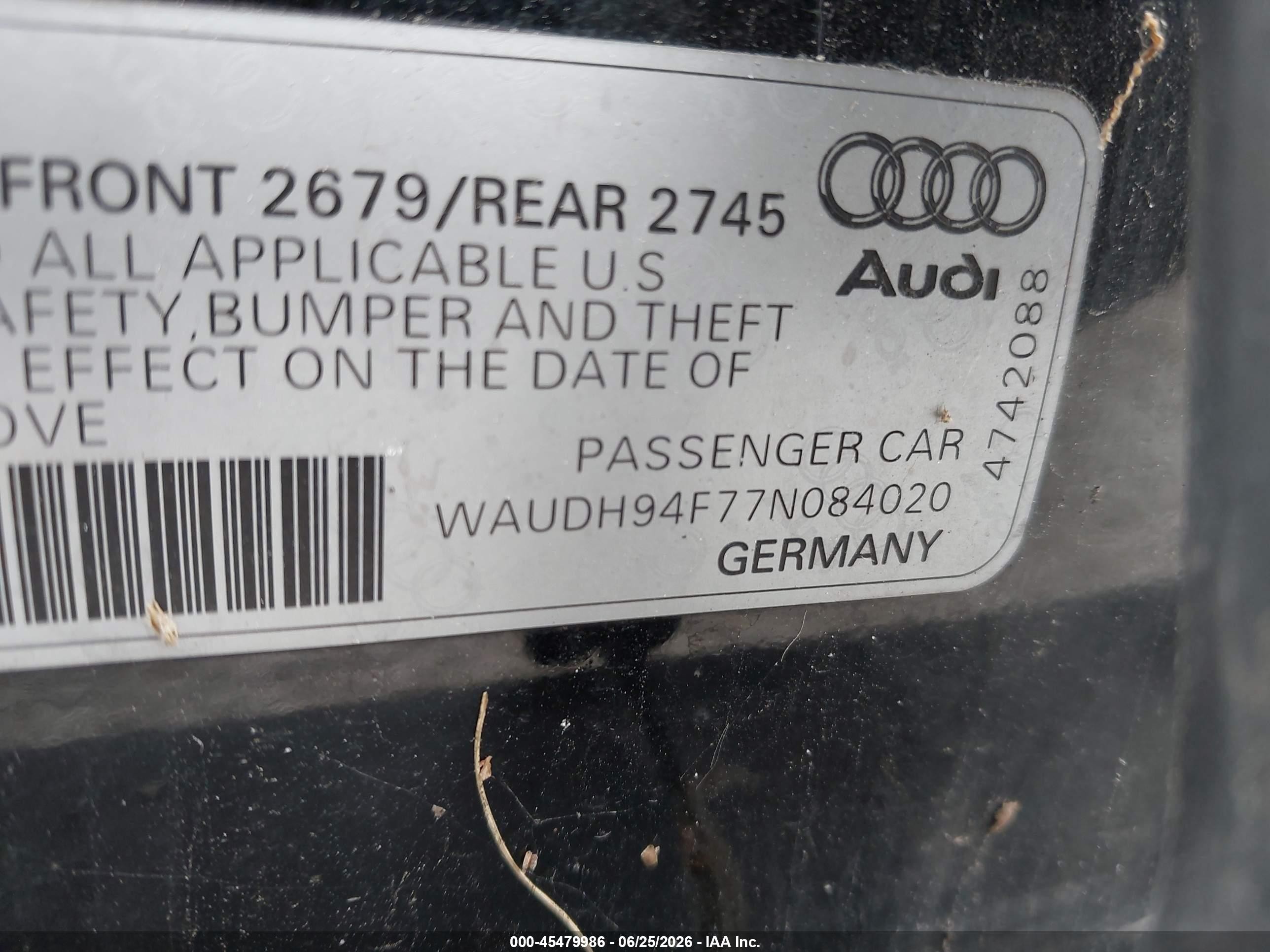 2007 Audi A6 3.2 Black vin: WAUDH94F77N084020