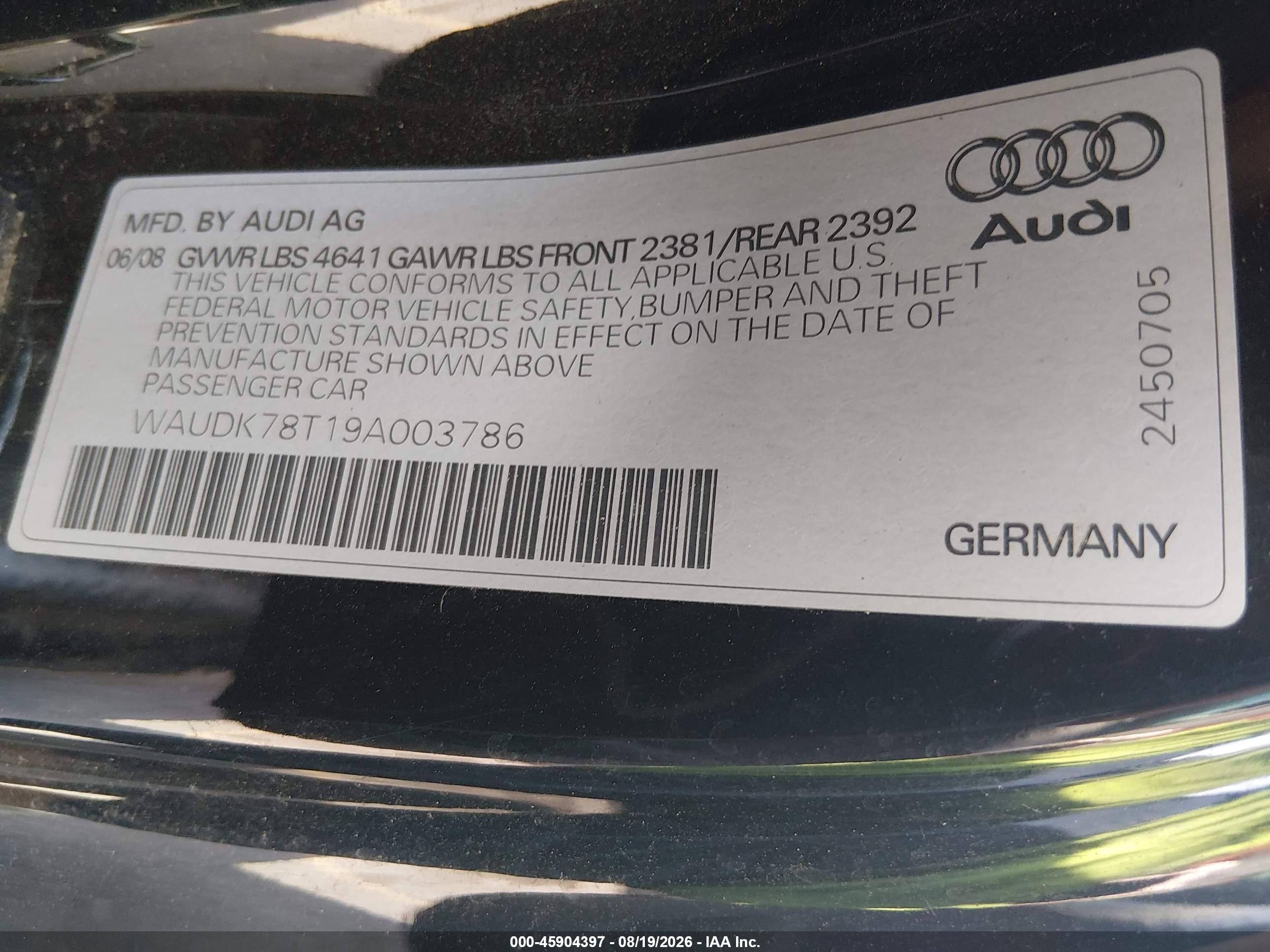 2009 Audi A5 3.2l Black vin: WAUDK78T19A003786