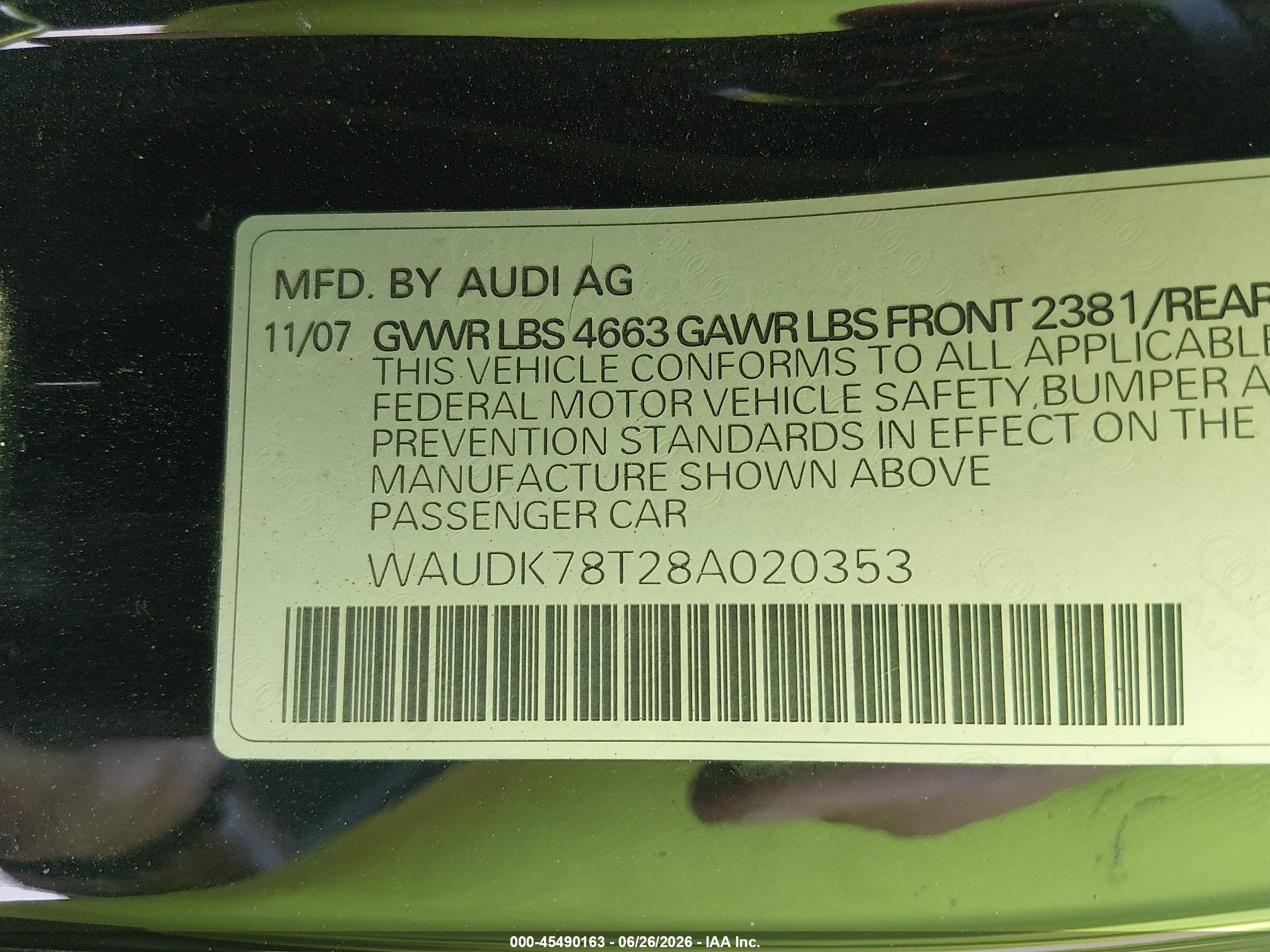 2008 Audi A5 3.2l Black vin: WAUDK78T28A020353
