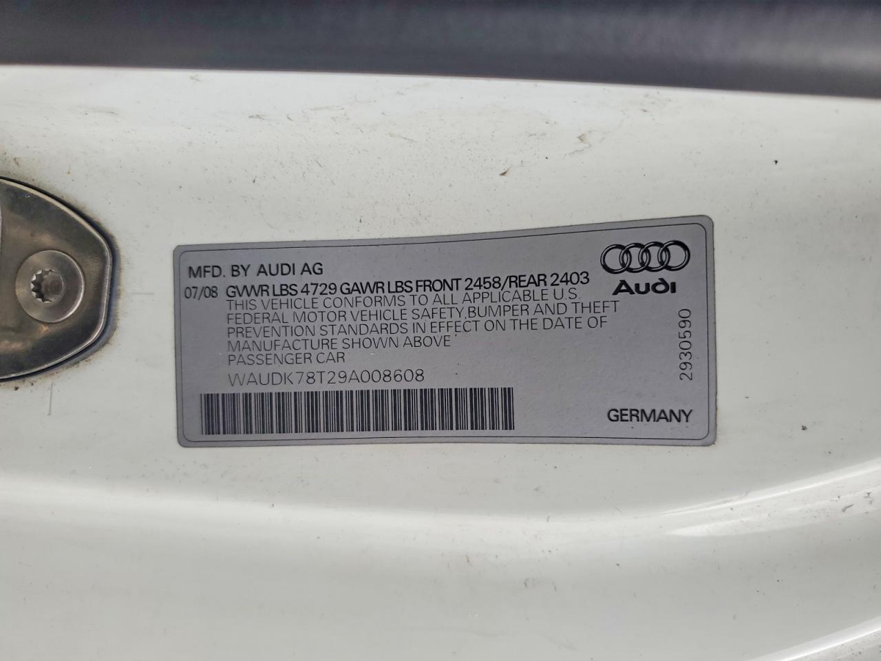 2009 Audi A5 Quattro White vin: WAUDK78T29A008608