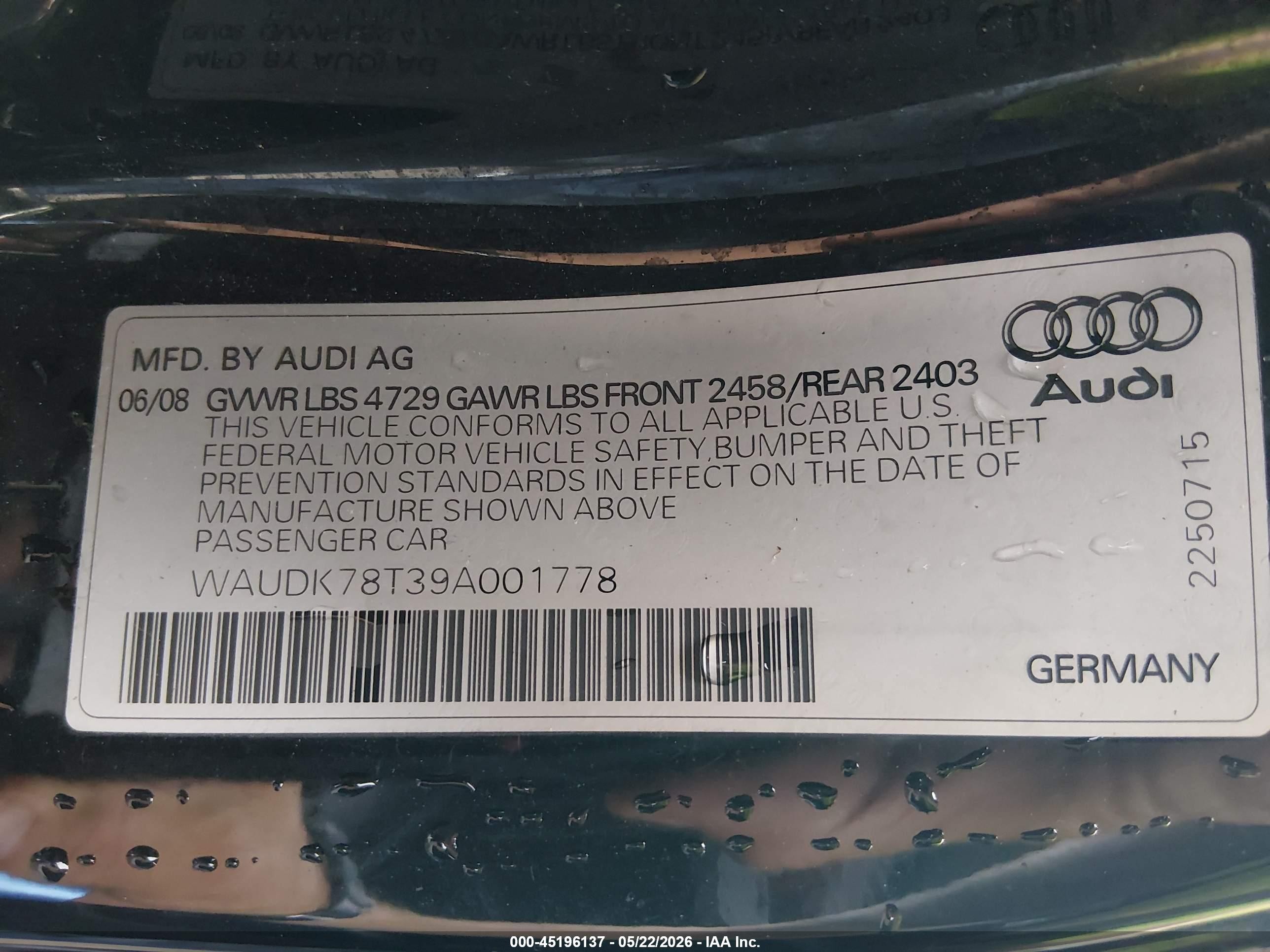 2009 Audi A5 3.2l Black vin: WAUDK78T39A001778