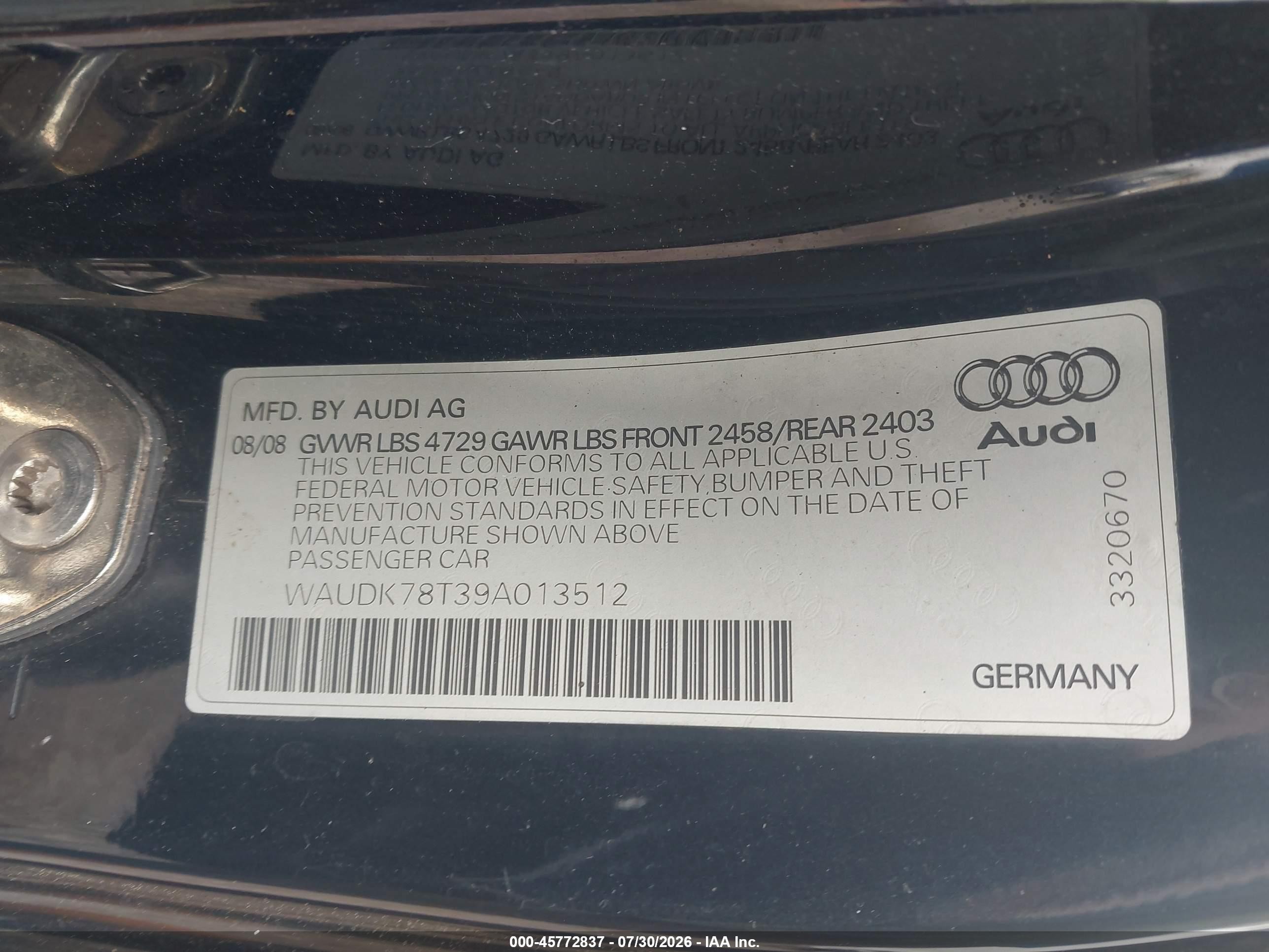 2009 Audi A5 3.2l Black vin: WAUDK78T39A013512