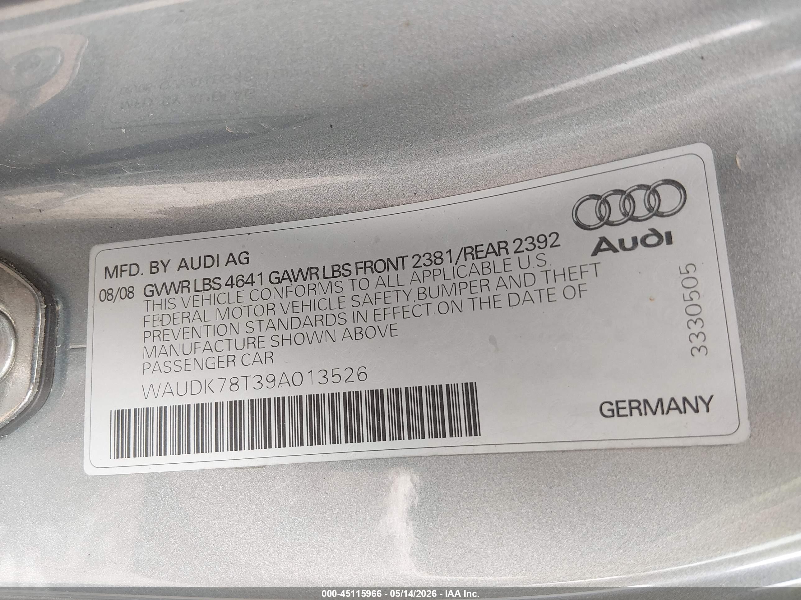 2009 Audi A5 3.2l Gray vin: WAUDK78T39A013526
