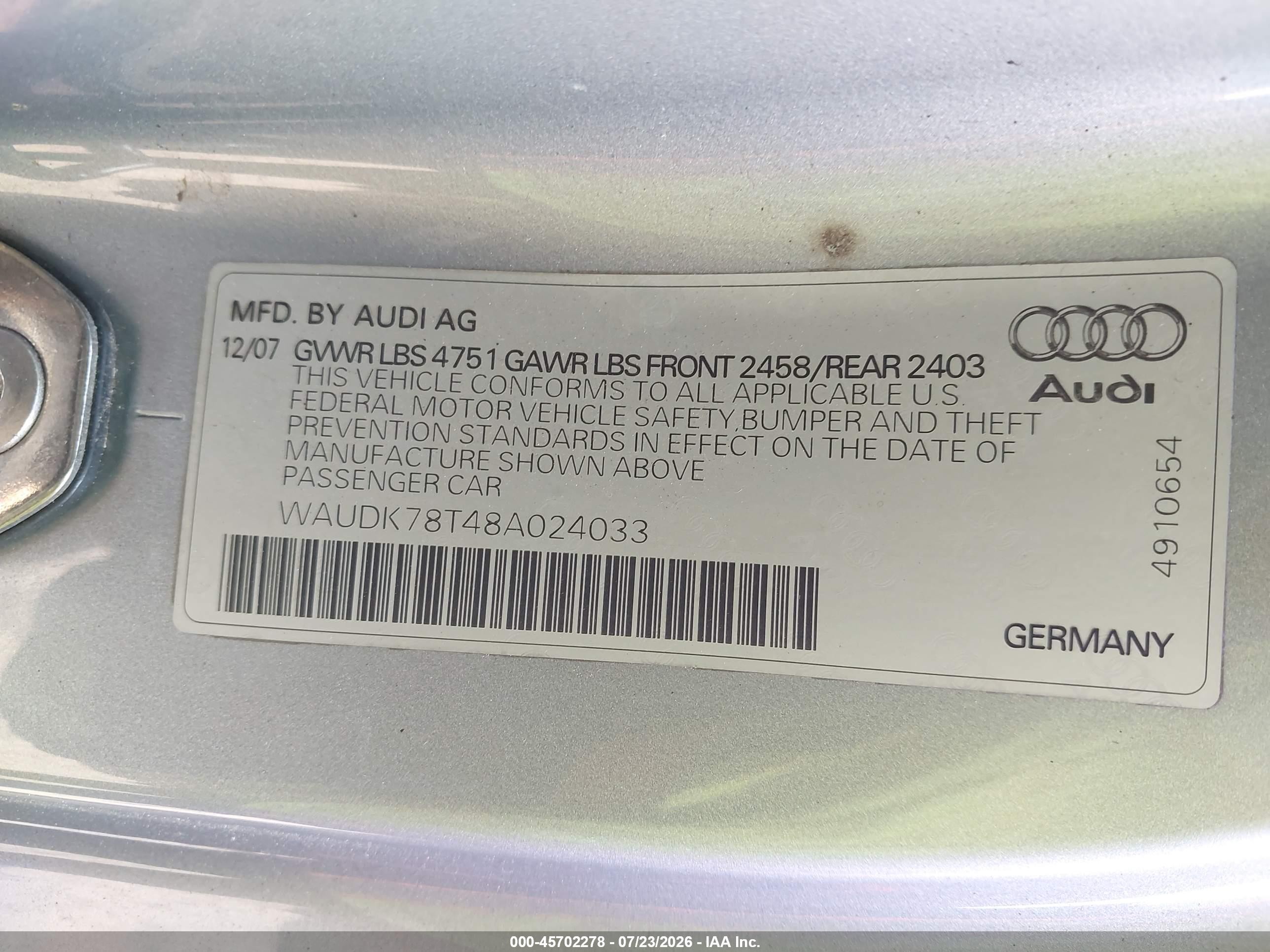 2008 Audi A5 3.2l Gray vin: WAUDK78T48A024033