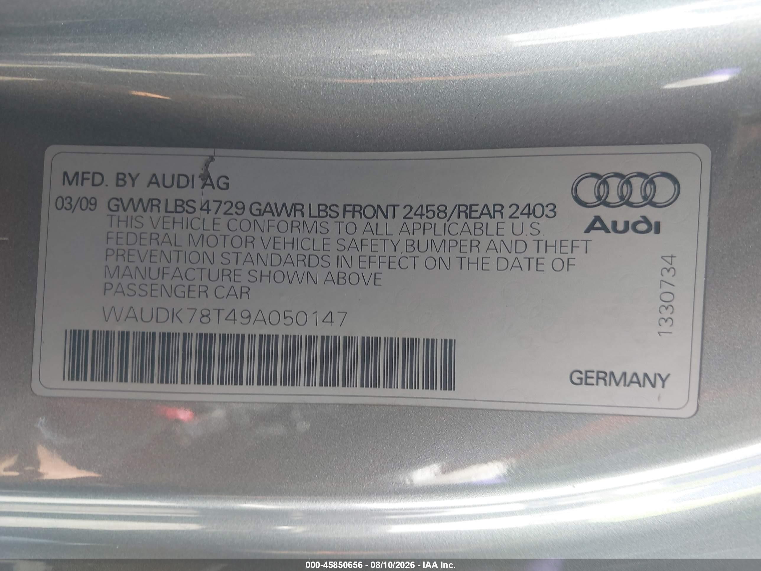2009 Audi A5 3.2l Silver vin: WAUDK78T49A050147