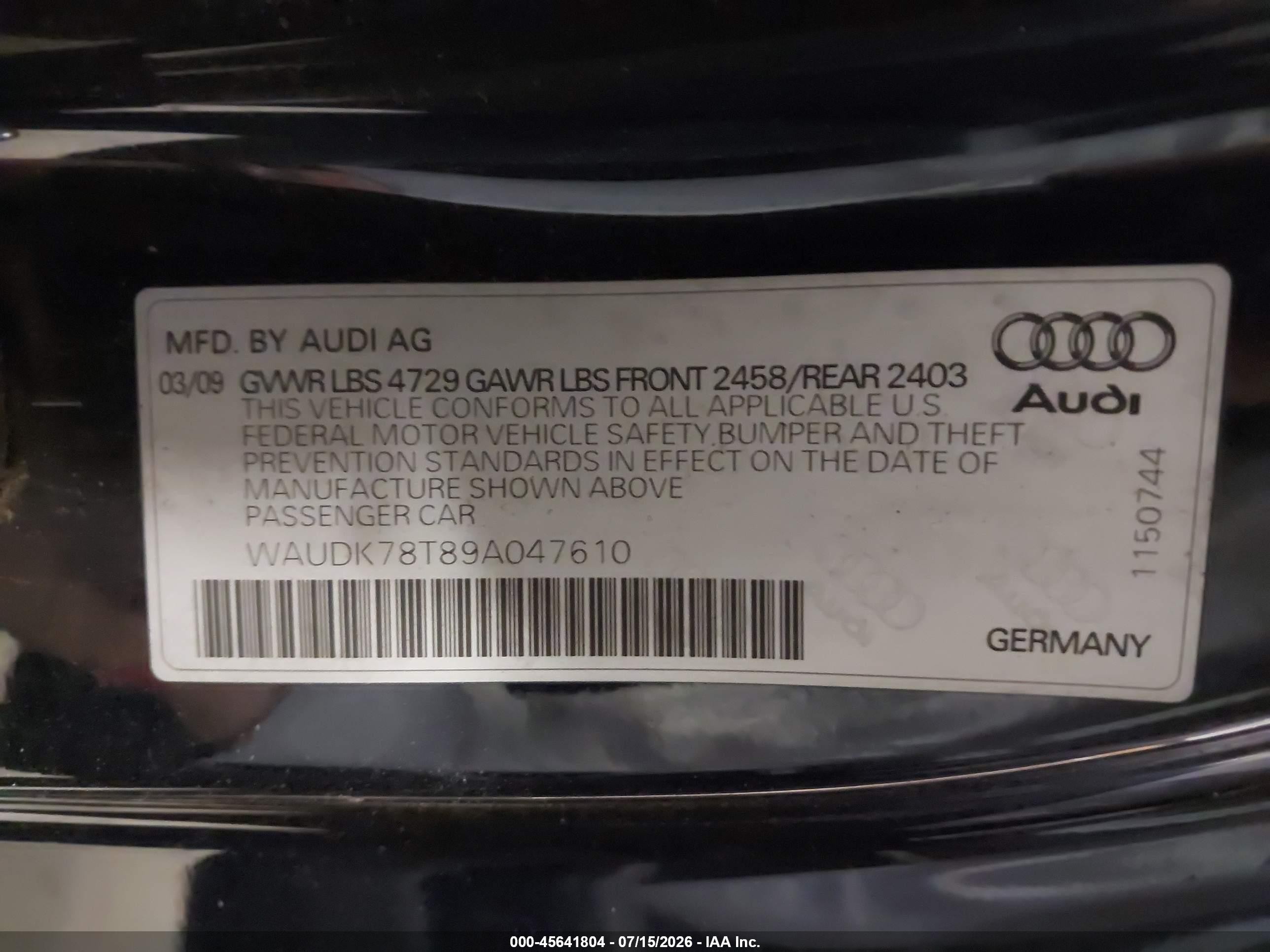 2009 Audi A5 3.2l Blue vin: WAUDK78T89A047610