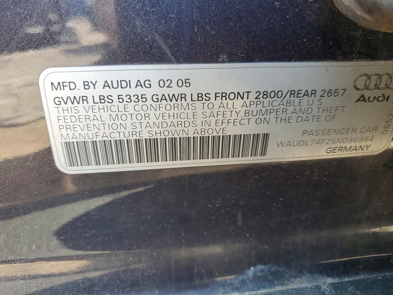 2005 Audi A6 4.2 Quattro Charcoal vin: WAUDL74F25N096964