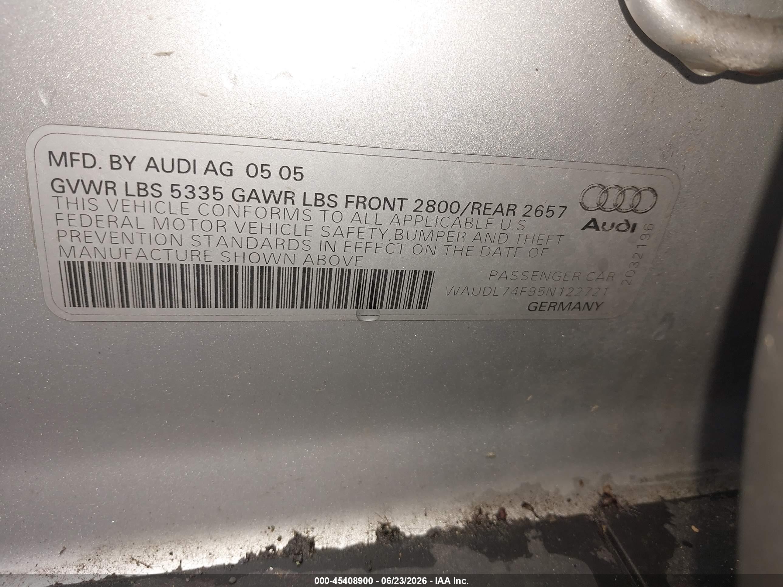2005 Audi A6 4.2 Silver vin: WAUDL74F95N122721