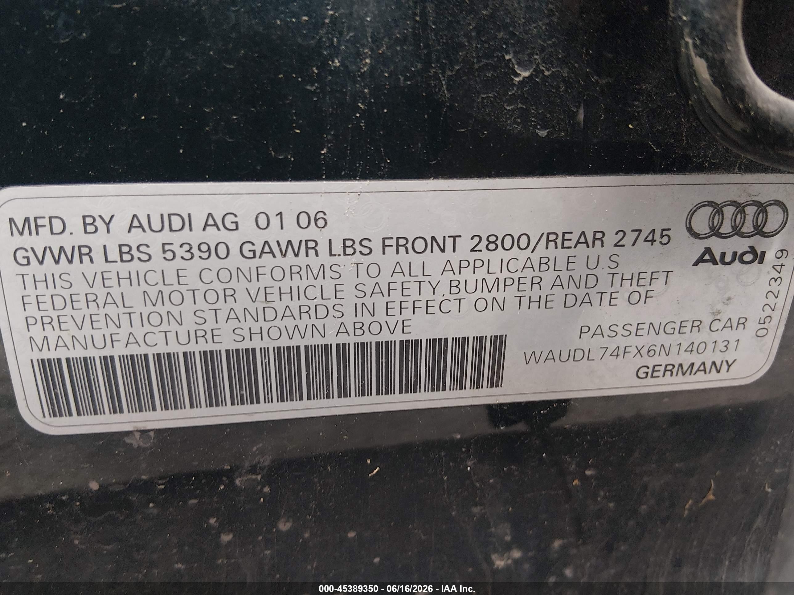 2006 Audi A6 4.2 Green vin: WAUDL74FX6N140131