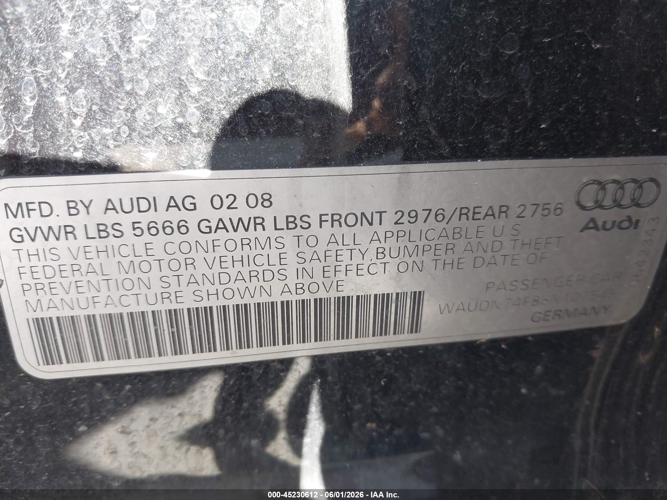2008 Audi S6 5.2 Black vin: WAUDN74F88N107545