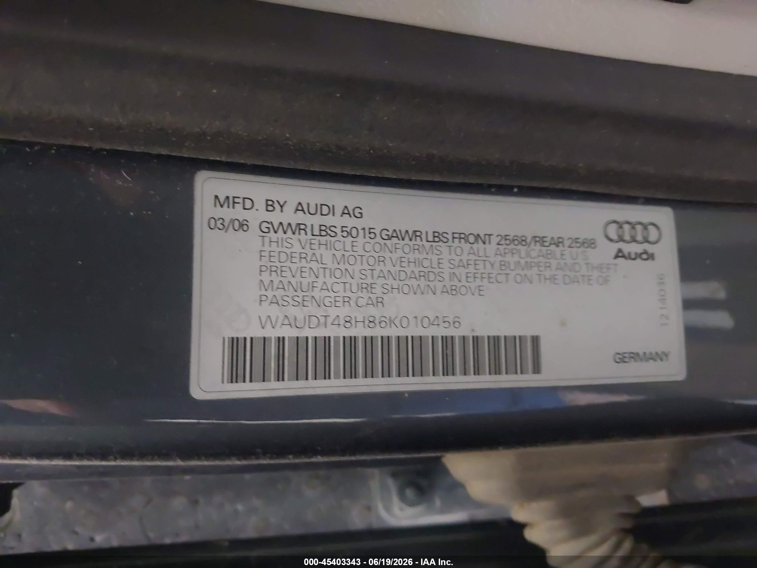 2006 Audi A4 3.0 Gray vin: WAUDT48H86K010456