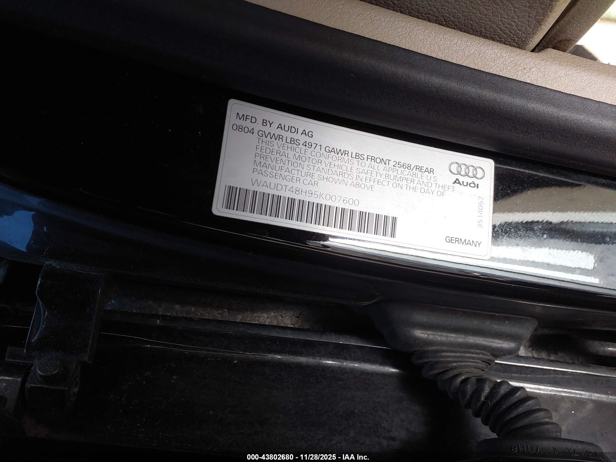 2005 Audi A4 3.0 Черный vin: WAUDT48H95K007600