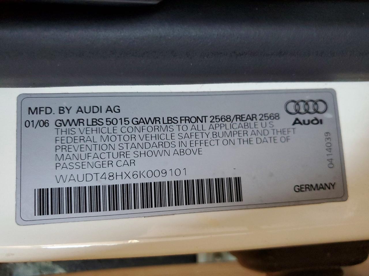 2006 Audi A4 Quattro Белый vin: WAUDT48HX6K009101