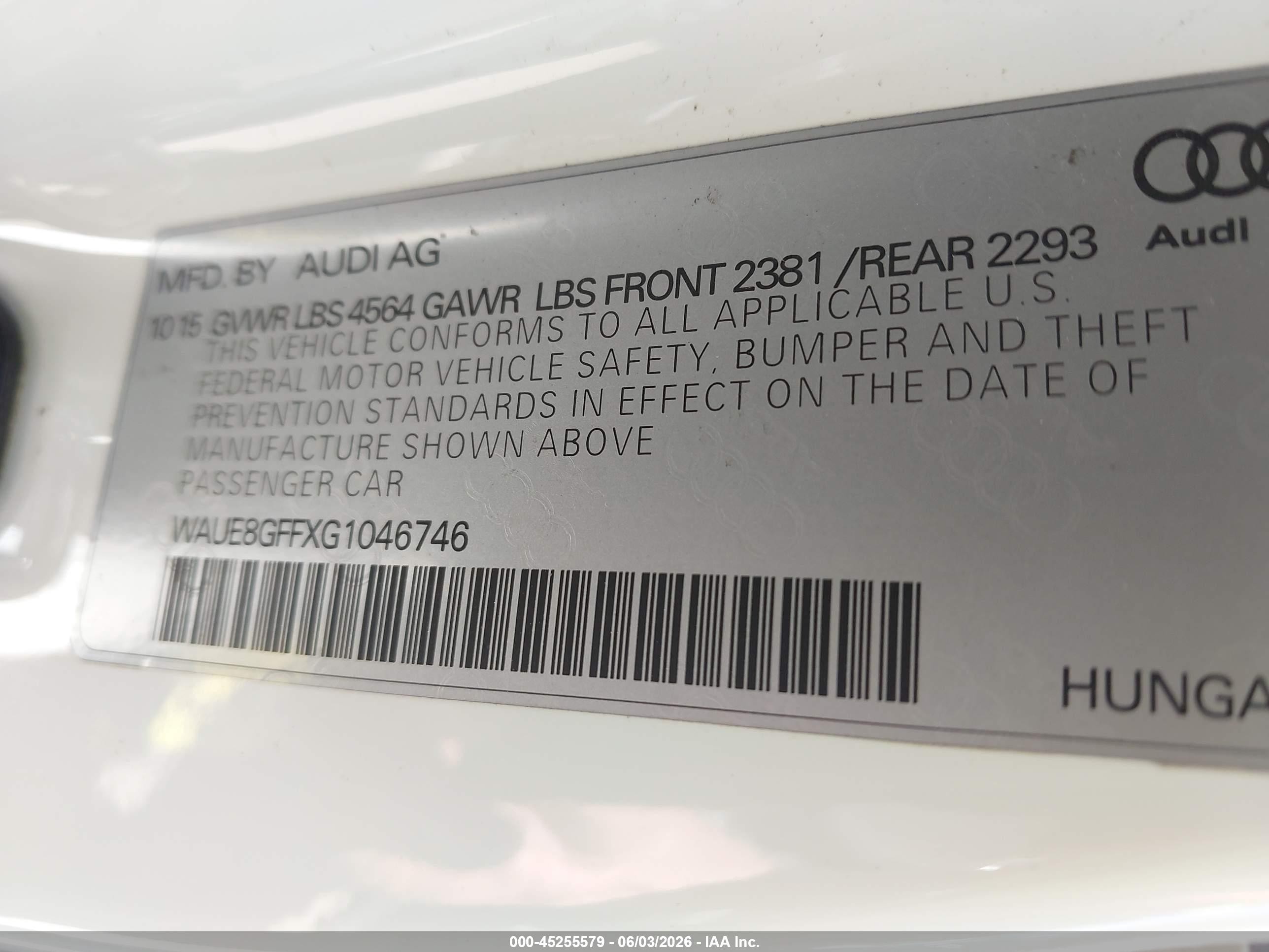 2016 Audi A3 2.0t Premium Белый vin: WAUE8GFFXG1046746