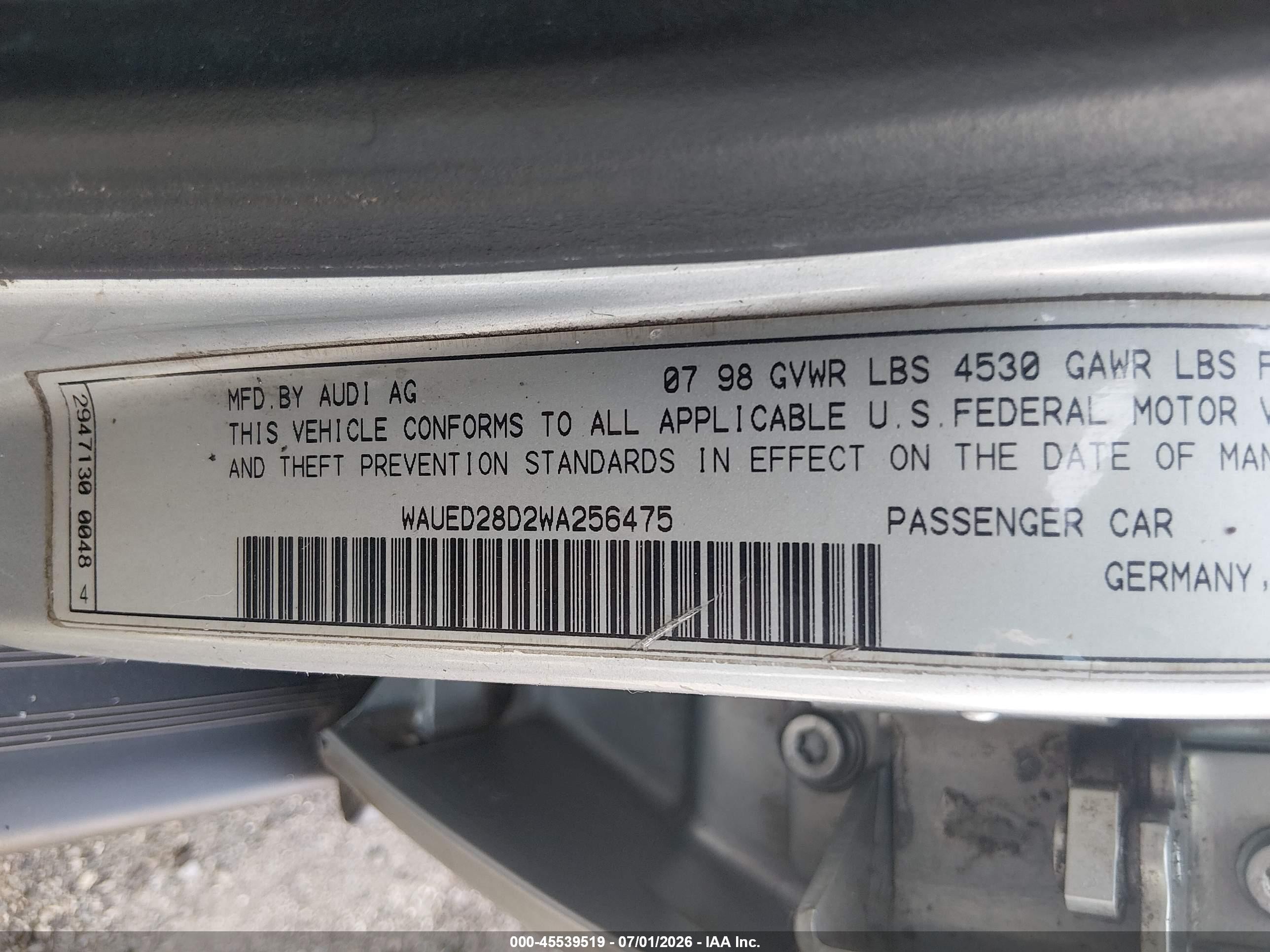 1998 Audi A4 2.8 (a5) Quattro/2.8 (m5) Quattro Silver vin: WAUED28D2WA256475