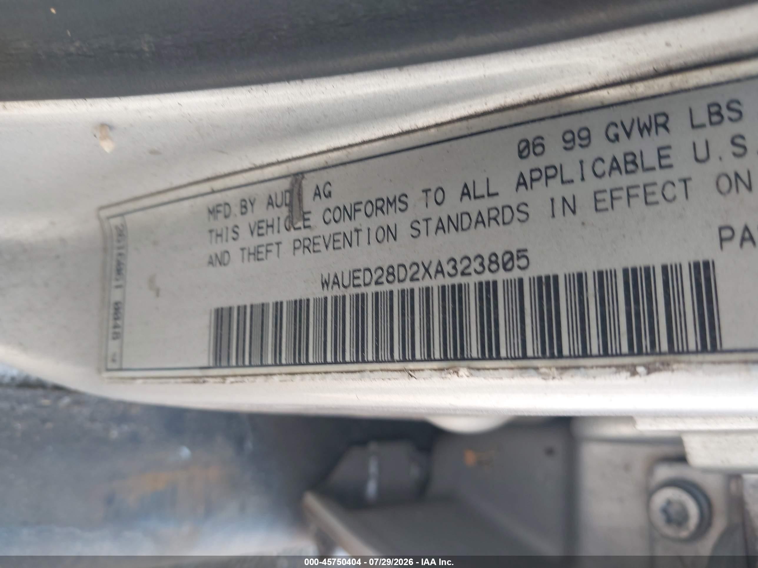 1999 Audi A4 2.8 Silver vin: WAUED28D2XA323805